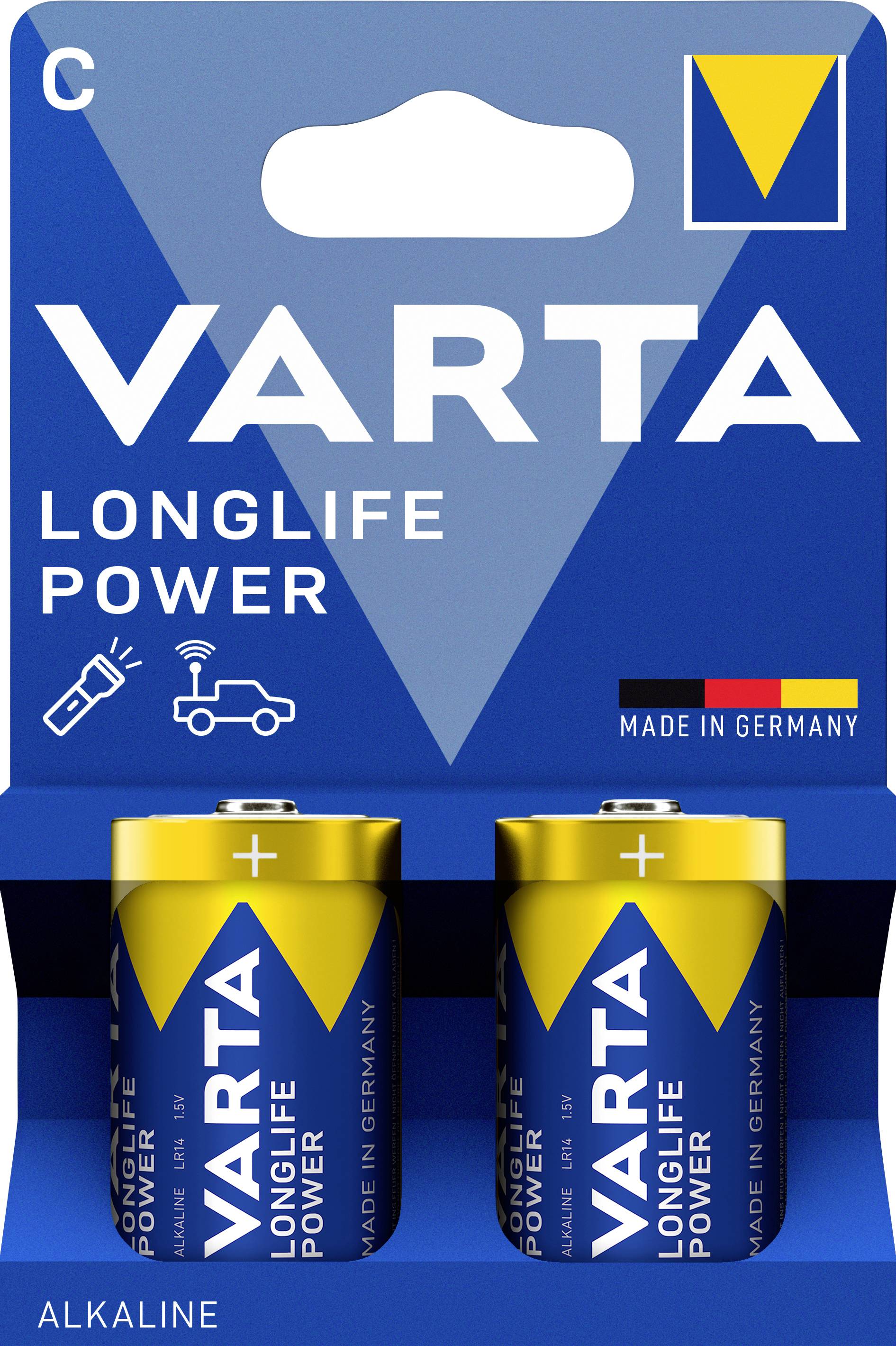 Dva alkalické baterie VARTA Longlife Power v originálním balení s modro-žlutým designem, vhodné pro vysoké výkonové nároky.