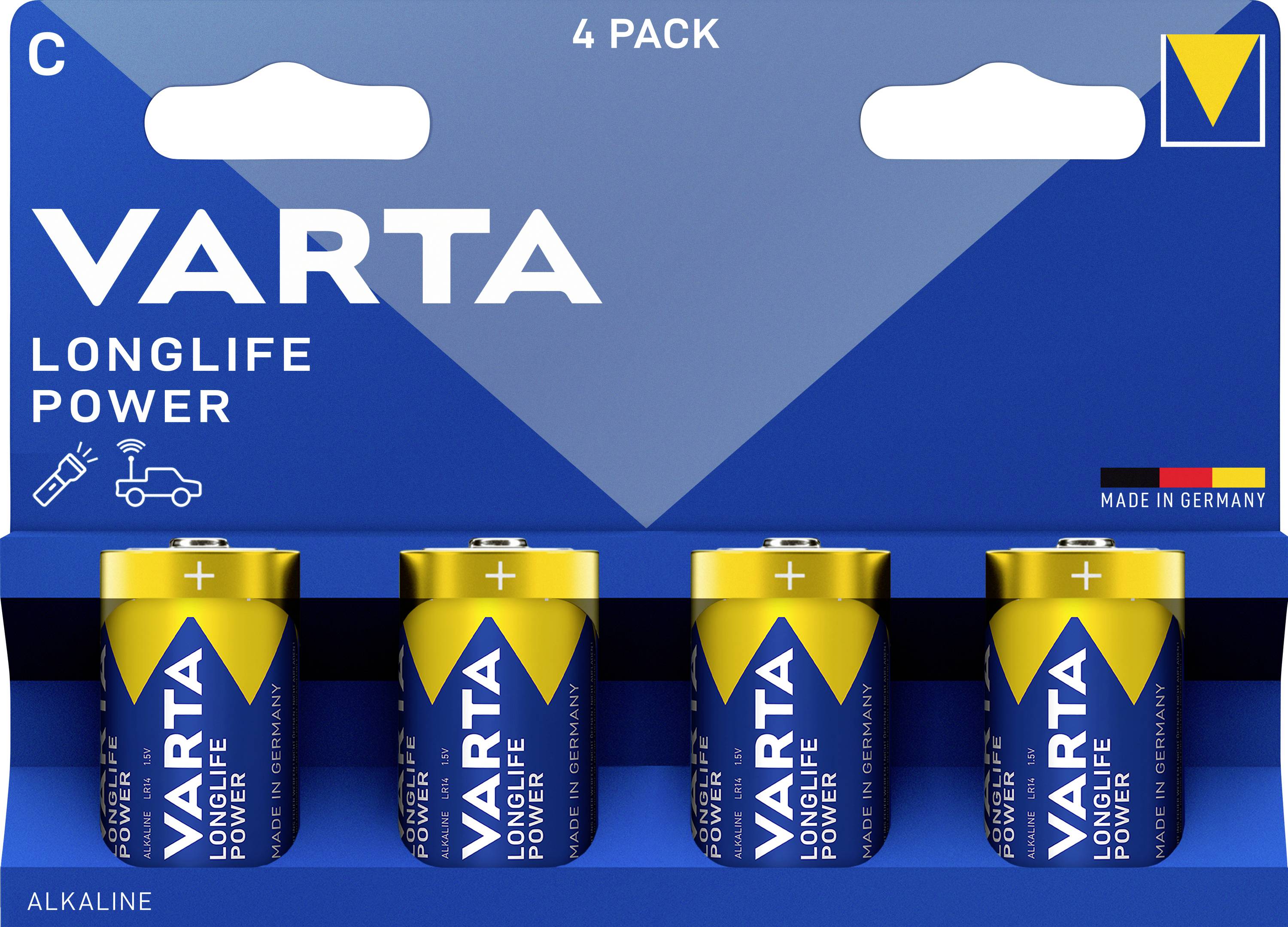 Baterie Varta Longlife Power typ C, balení po 4 kusech, modro-žlutý obal s plus a minus symboly, vyrobeno v Německu.