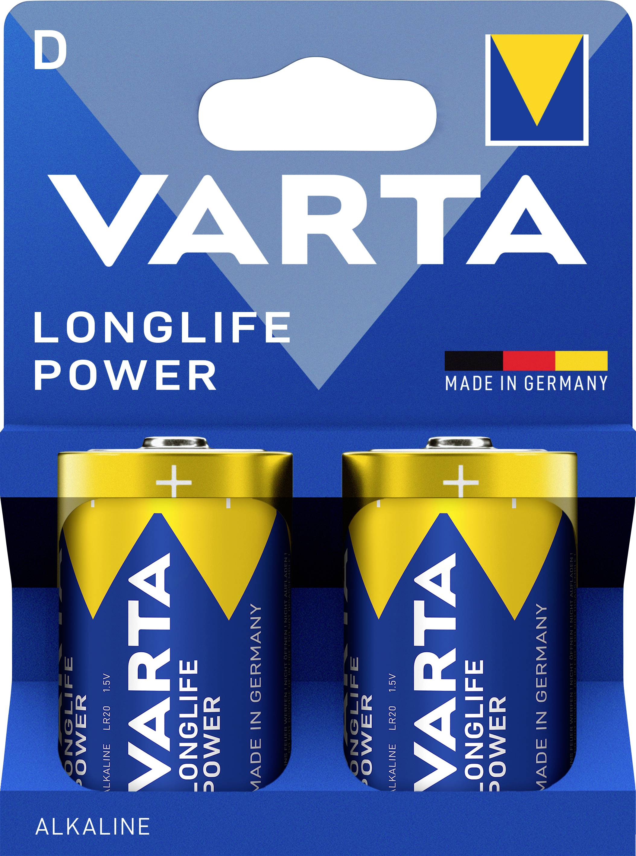 Baterie 'VARTA Longlife Power', typ D, balení po 2 kusech, vyrobeno v Německu, alkalické, v modro-žlutém obalu.