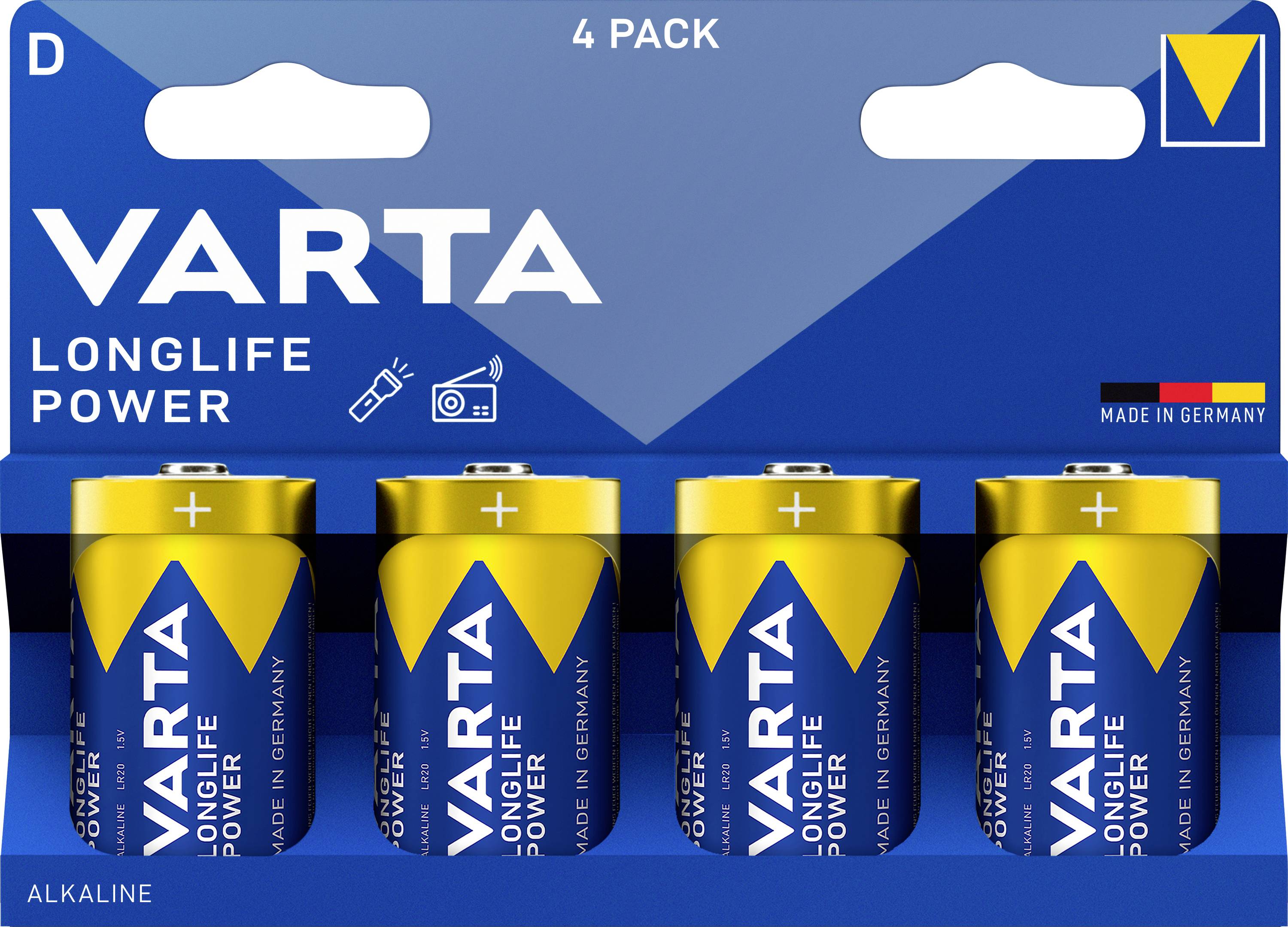 Čtyři baterie VARTA velikosti D, alkalické, v modré krabičce, označené nápisem 'LONGLIFE POWER'. Vyrobeno v Německu.