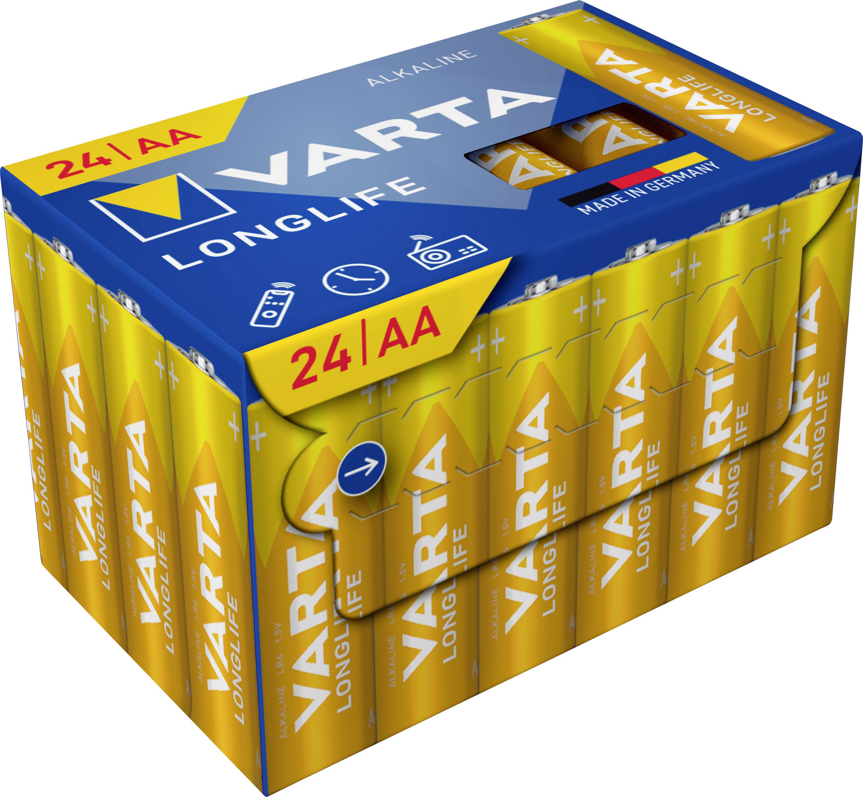Bateriový balíček VARTA Longlife, 24 alkalických baterií AA, žlutý obal s modrým víčkem, s nápisem "Vyrobeno v Německu".
