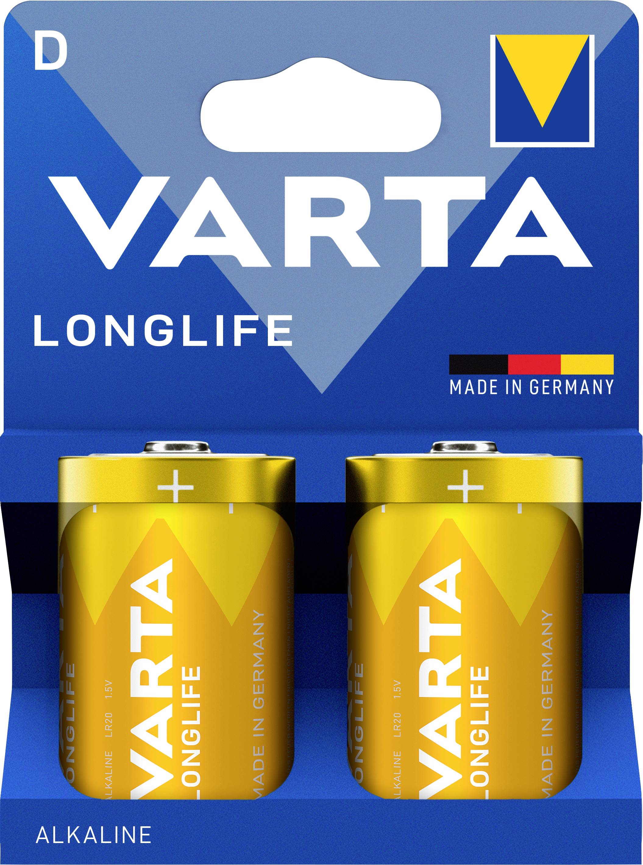 Dva alkalické baterie VARTA LONGLIFE velikosti D v modro-žlutém blistrovém balení s označením "Vyrobeno v Německu".