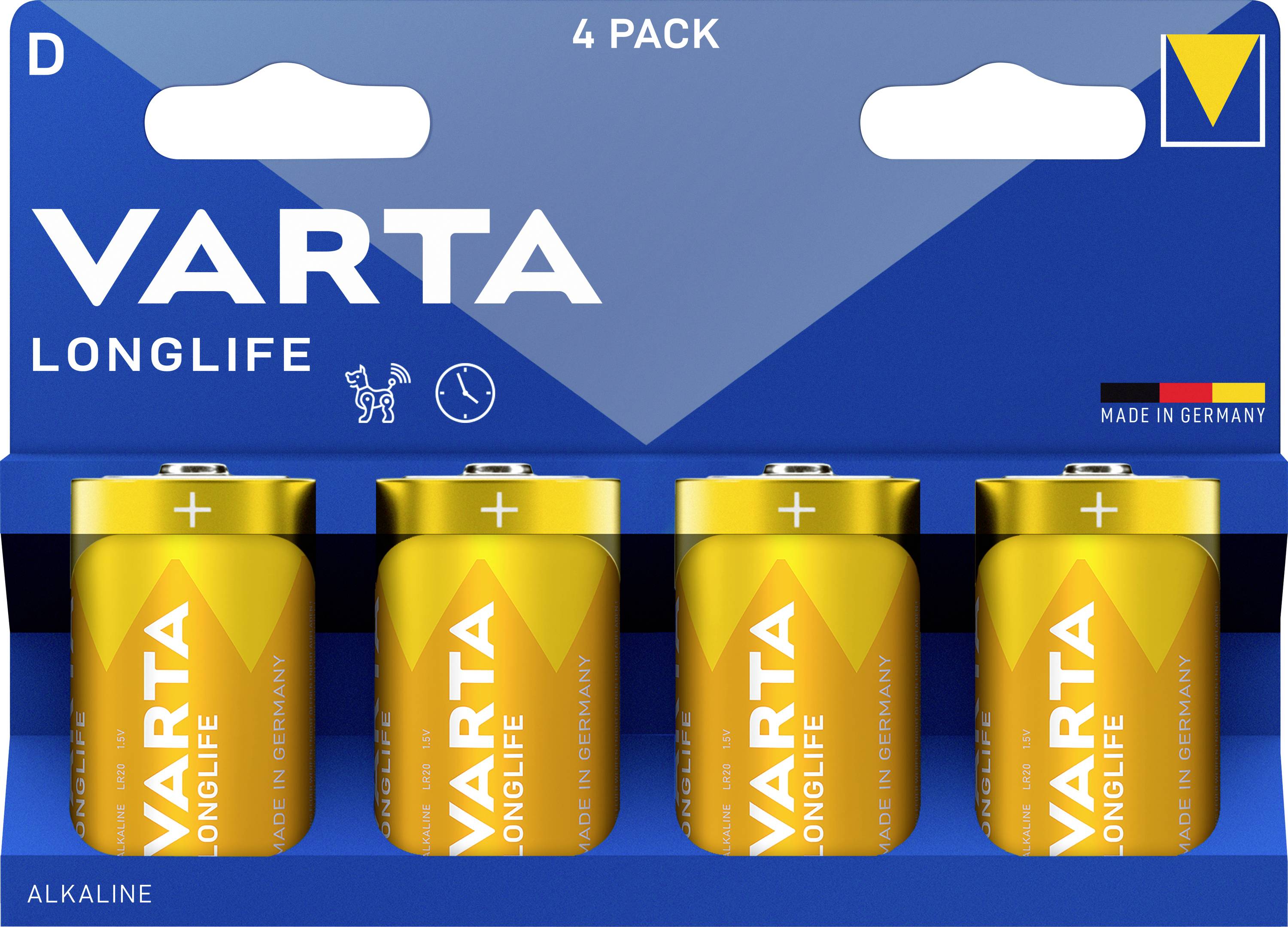 Čtyřbalení baterií Varta Longlife D, alkalické, vhodné pro zařízení s nízkým odběrem energie. Vyrobeno v Německu.