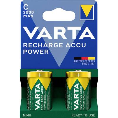Dva nabíjecí akumulátory Varta C, 3000 mAh, v zelené a žluté obalu. Text 'Recharge Accu Power' a logo viditelné nahoře.