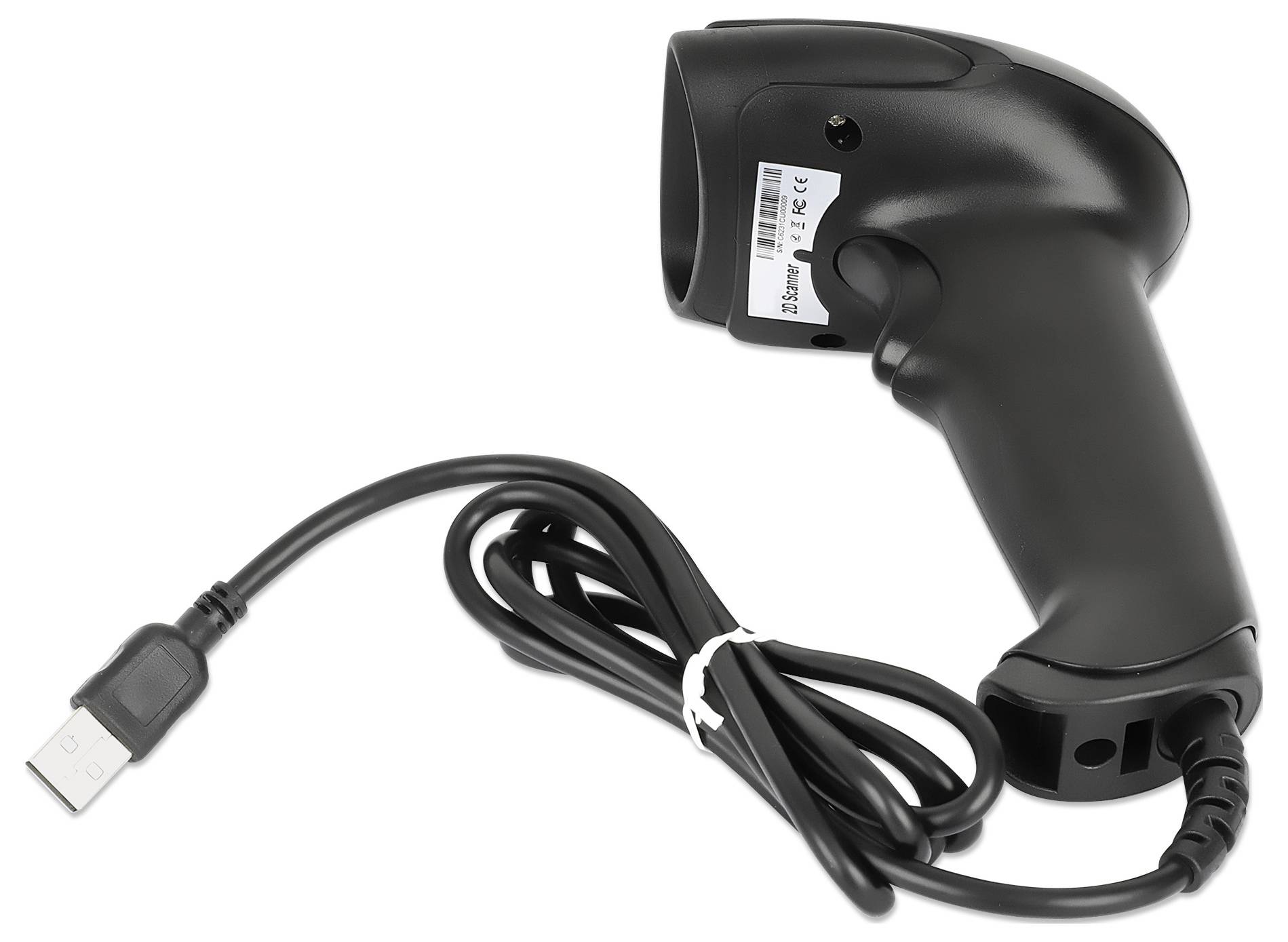 Černý ruční skener s dlouhým USB kabelem, vhodný pro skenování čárových kódů a připojení k počítači.