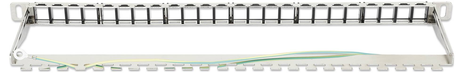 Patch panel, 19palcový kovový rám s 24 volnými porty a uzemňovacím kabelem. Používá se pro síťové kabeláže.