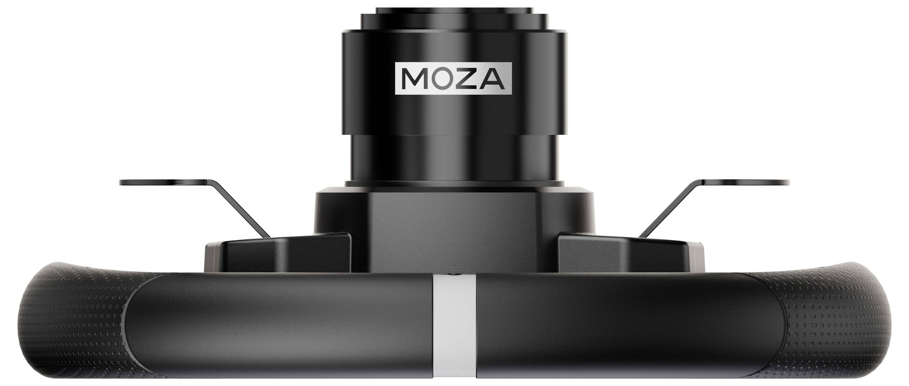 Černý motor Moza s popisovaným krytem a dvěma bočními přípoji, pohled zepředu.