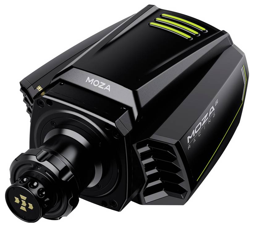 Černý Moza Racing volant s motorem a zeleným akcentem s logem Moza, vhodný pro simulační automobilové závody.