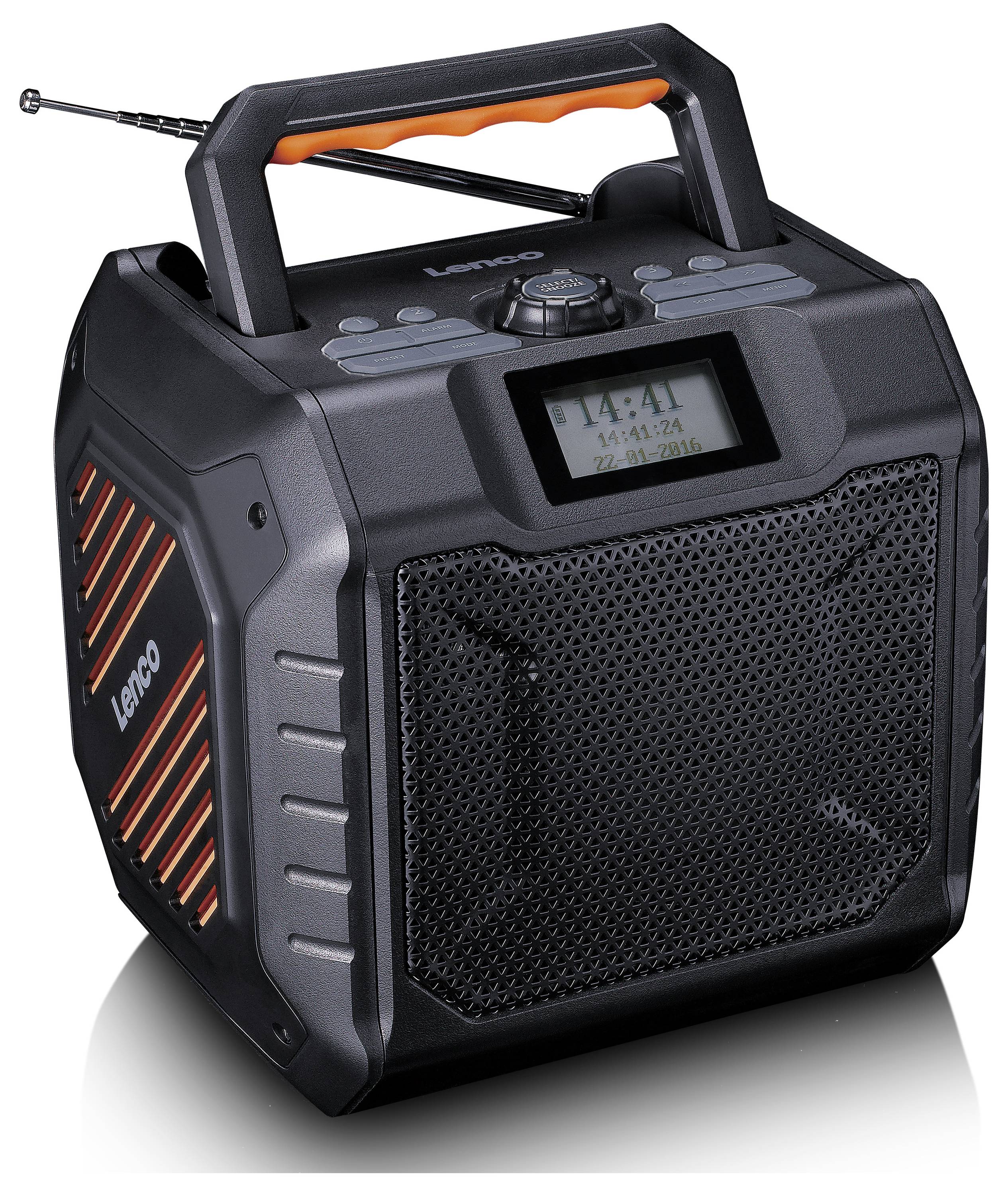 Robustní, přenosné rádio s černě-oranžovým tělem, displej zobrazuje '14:41'. Anténa nahoře, kompaktní ovládací tlačítka.