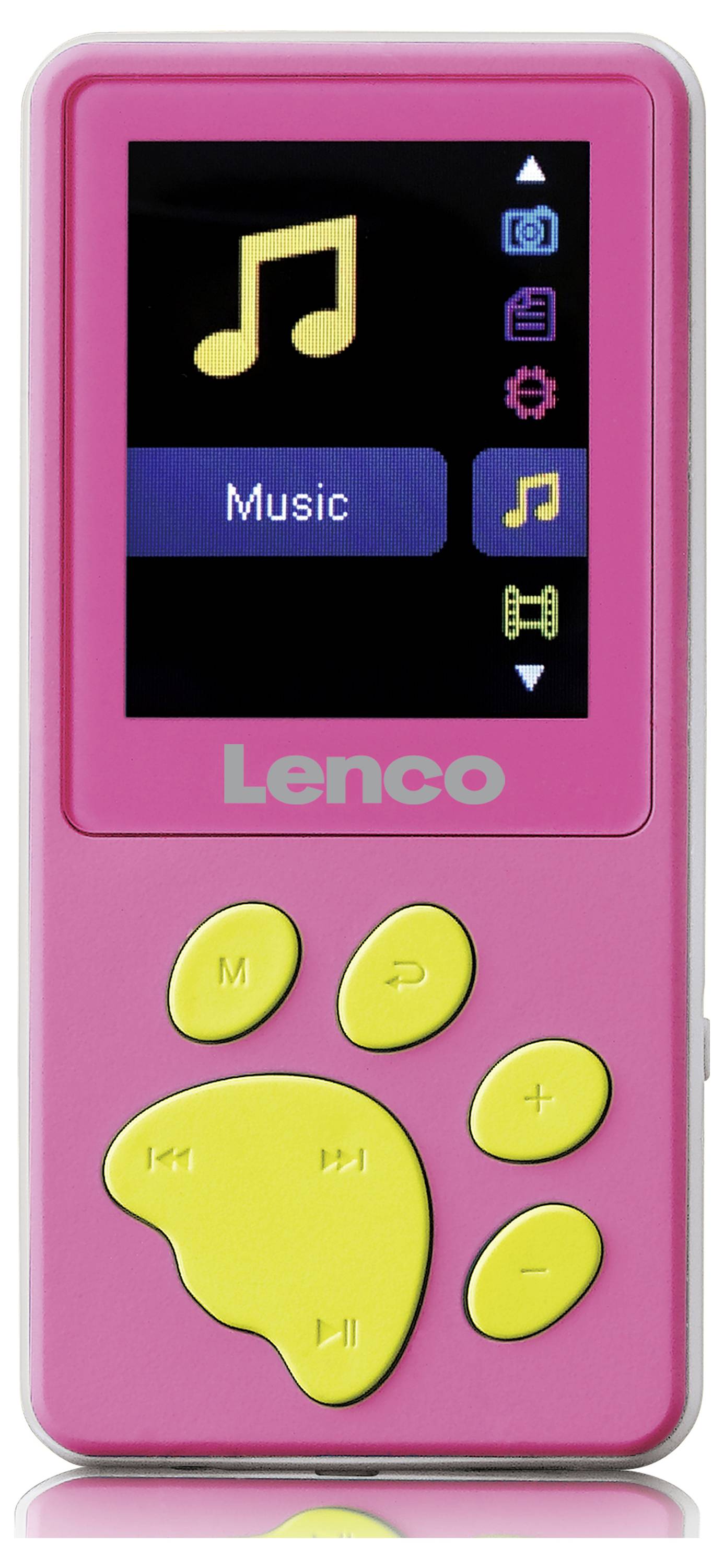 Růžový MP3 přehrávač se žlutými tlačítky ve tvaru tlapy, zobrazující hudební symbol a nápis 'Music' na displeji.