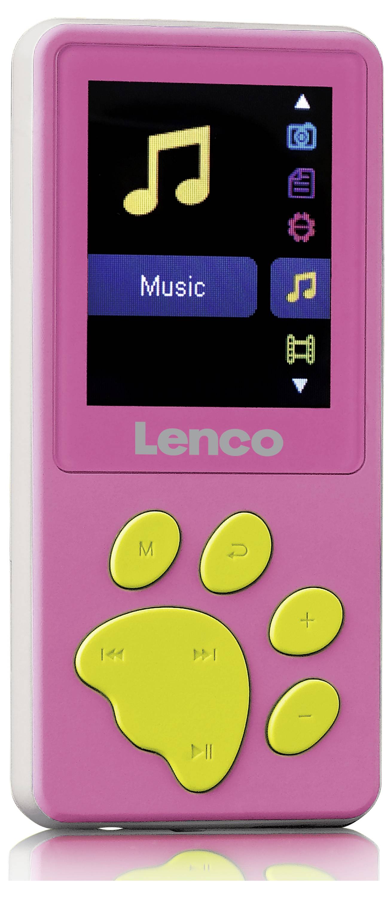 Růžový MP3 přehrávač se žlutými ovládacími tlačítky ve tvaru tlapek. Na displeji je zobrazen symbol hudby.