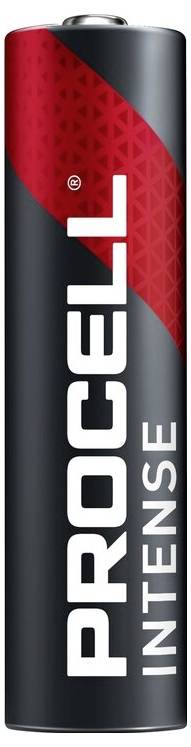 Baterie 'Procell Intense' se černým pouzdrem a červeným akcentem nahoře, stojící.