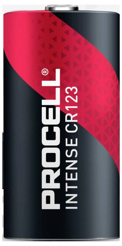Baterie Procell Intense CR123 v černo-červené barvě.