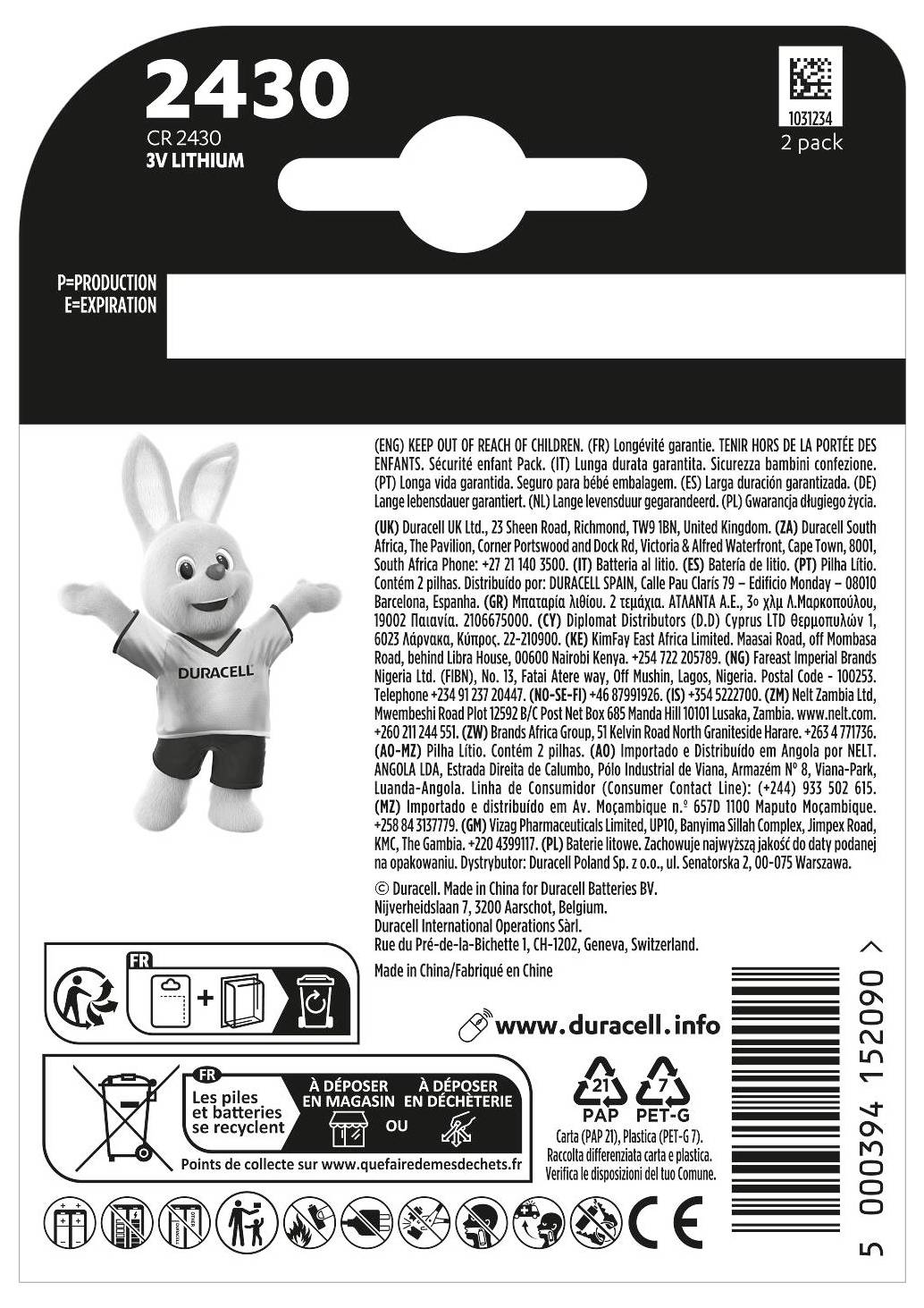 Balení "Duracell CR2430 3V lithiová baterie" s bezpečnostními pokyny ve více jazycích, symboly recyklace a maskoty Duracell zajíce.