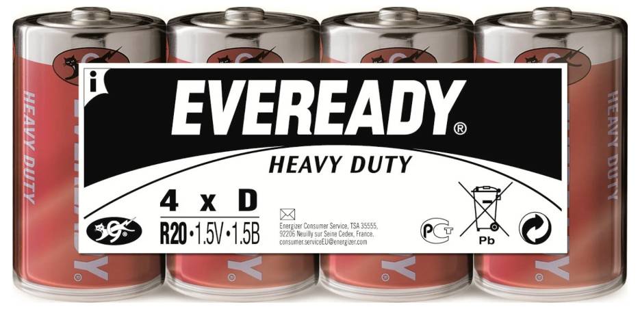 Čtyři baterie 'Eveready Heavy Duty' velikosti D, klasický červený obal s firemním logem a informacemi o napětí a kapacitě.