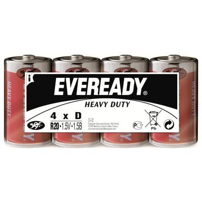 Čtyři baterie 'Eveready Heavy Duty' velikosti D, klasický červený obal s firemním logem a informacemi o napětí a kapacitě.