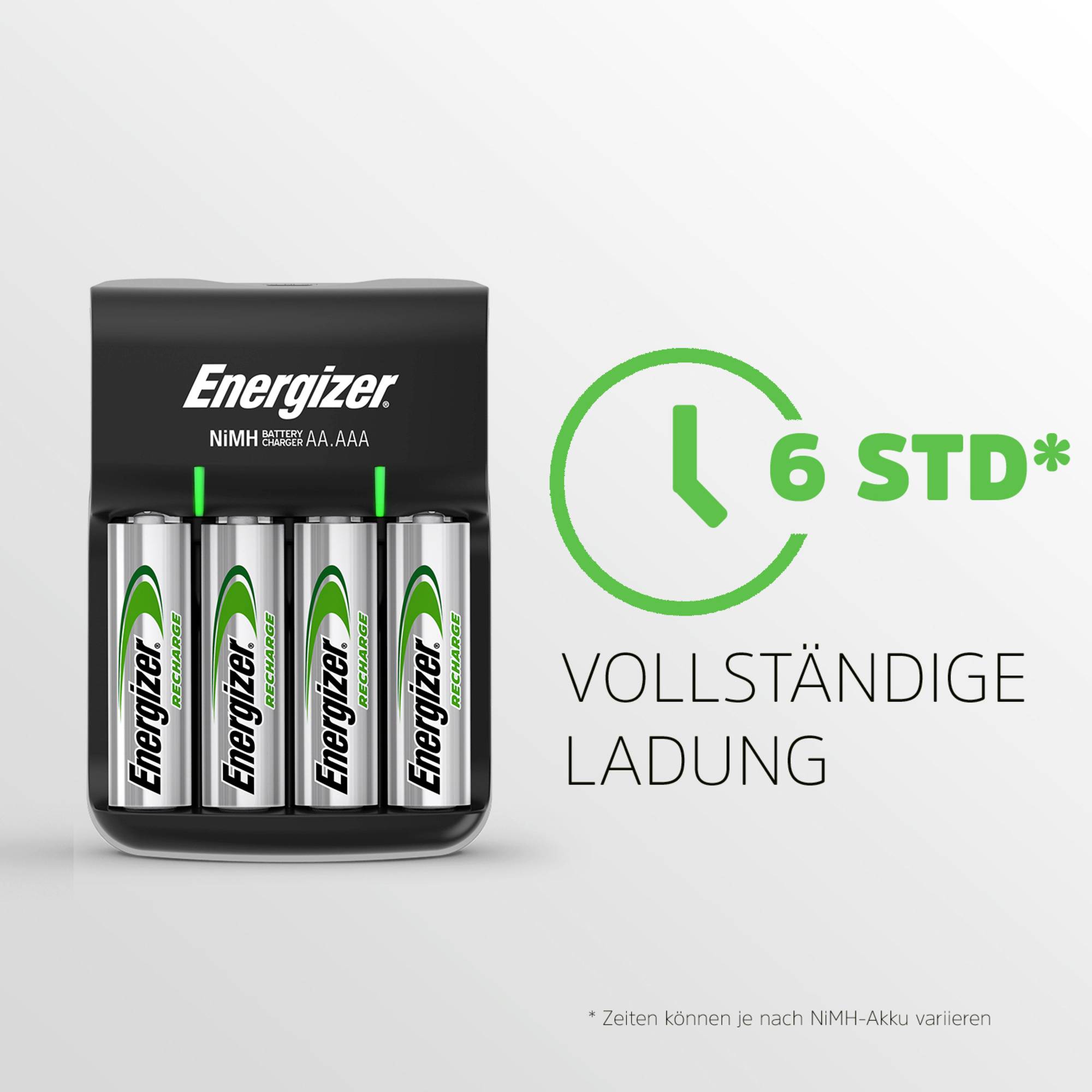 Nabíječka baterií se čtyřmi AA bateriemi, označená 6 hodinami pro úplné nabití, s logem Energizer. Poznámka: Časy se mohou u NiMH baterií lišit.