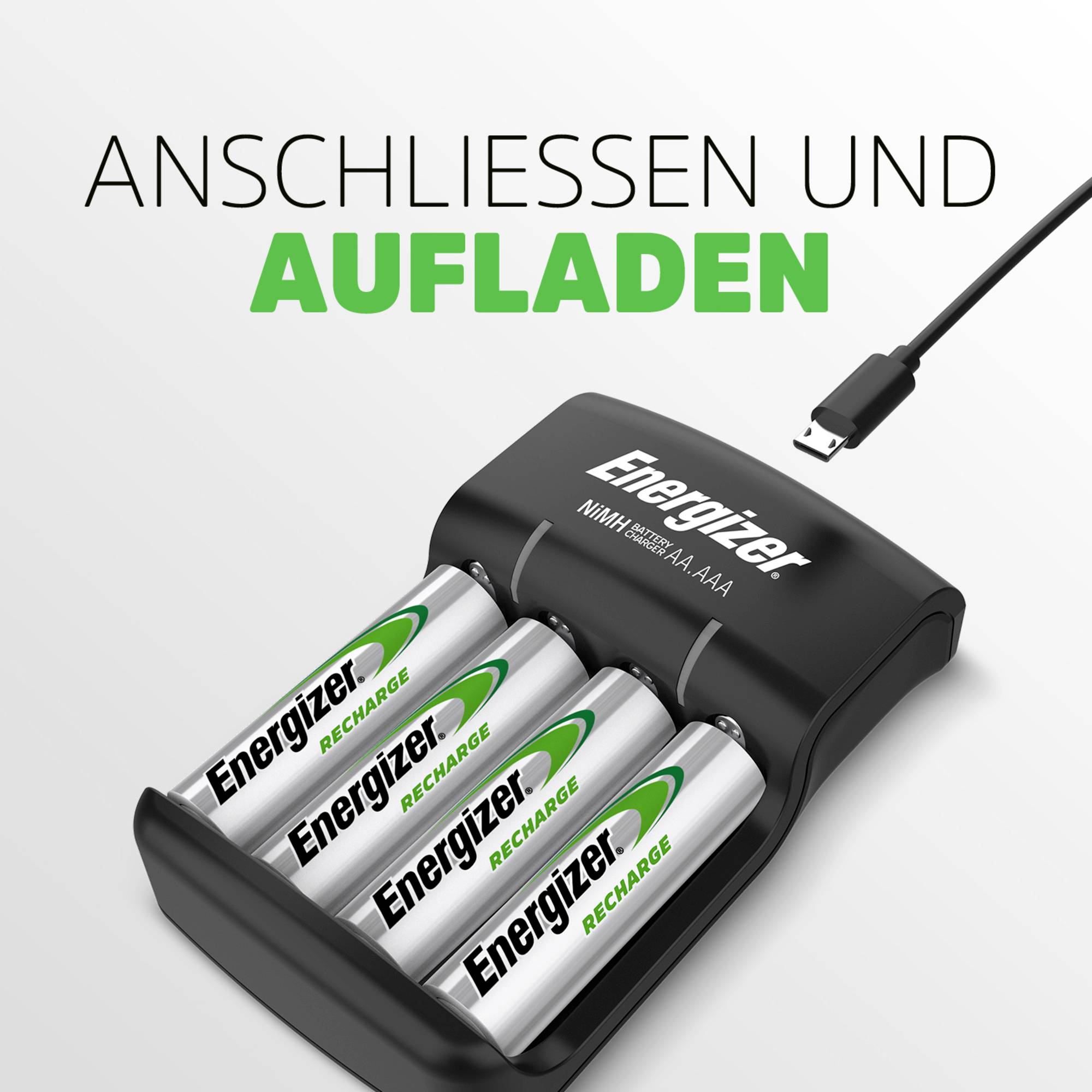 Obrázek nabíječky baterií Energizer se čtyřmi vloženými bateriemi AA. Text: "Připojit a nabít". Zařízení připojeno k napájecímu kabelu.