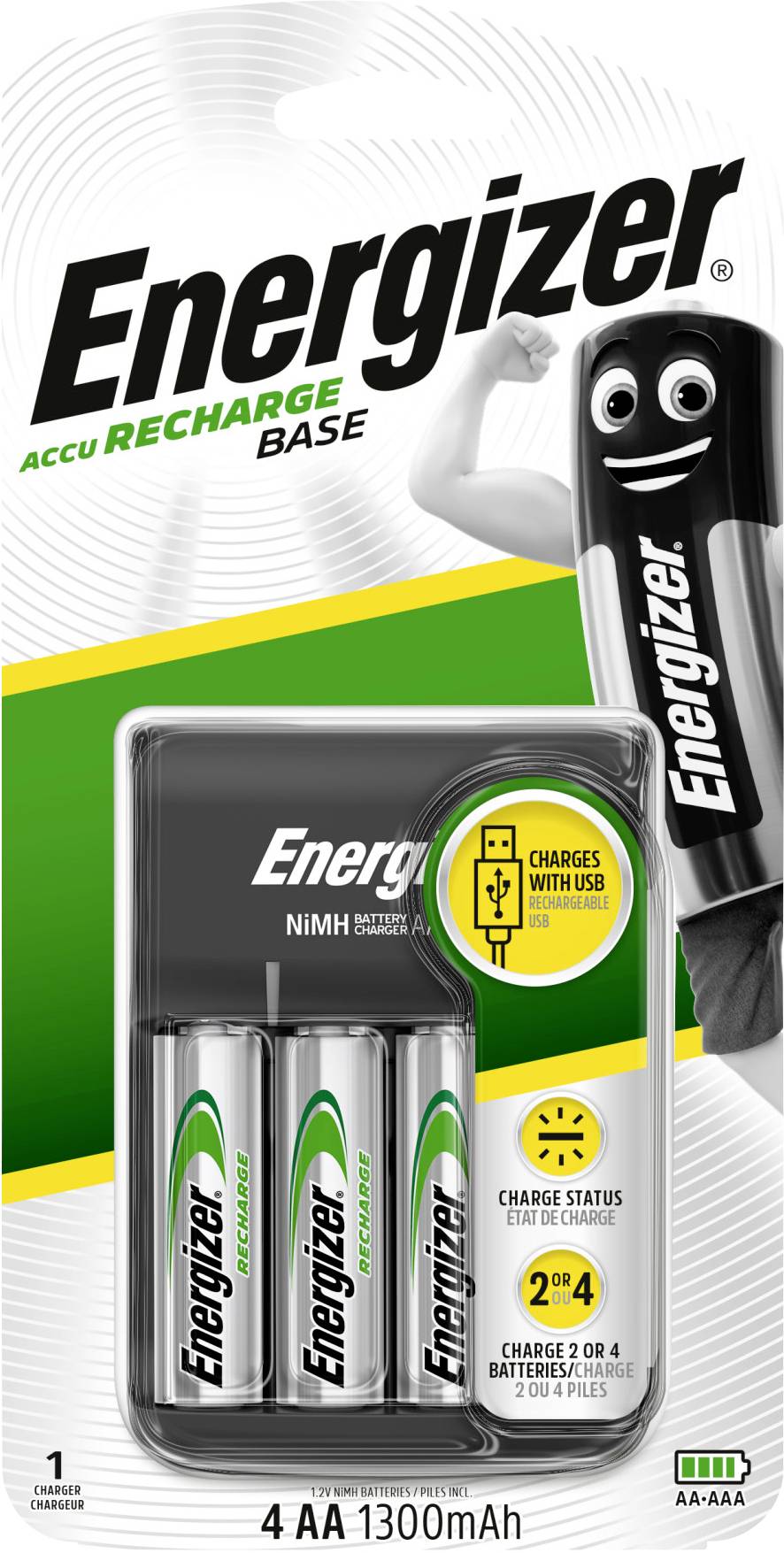 Balení čtyř dobíjecích baterií Energizer AA o kapacitě 1300mAh. Obsahuje postavu znázorňující sílu a USB nabíjecí proces.