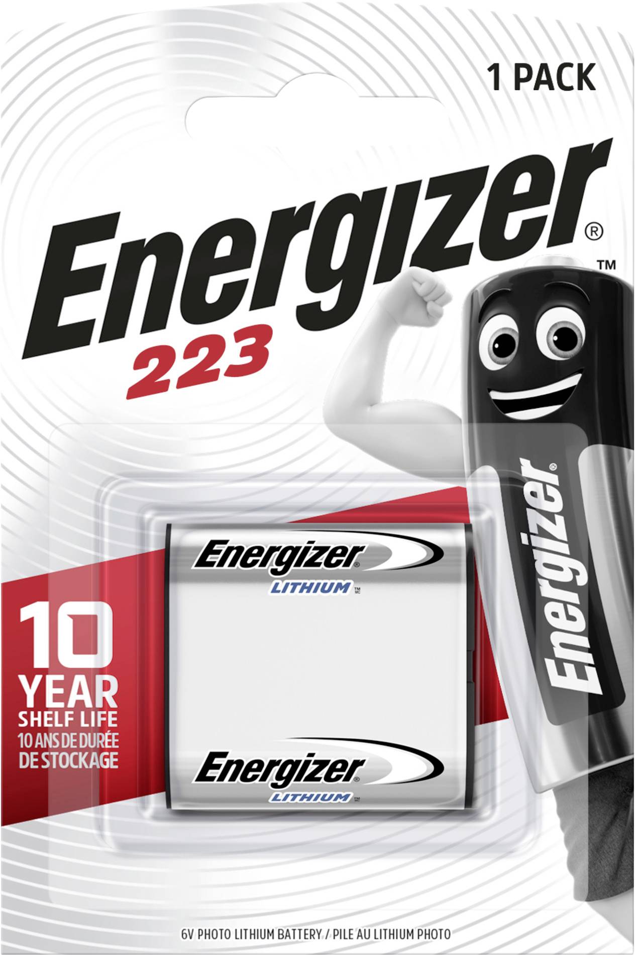 Baterie Energizer 223 Lithium, 6V, s 10letou životností. Obal zobrazuje baterii, animovanou postavu a firemní logo.