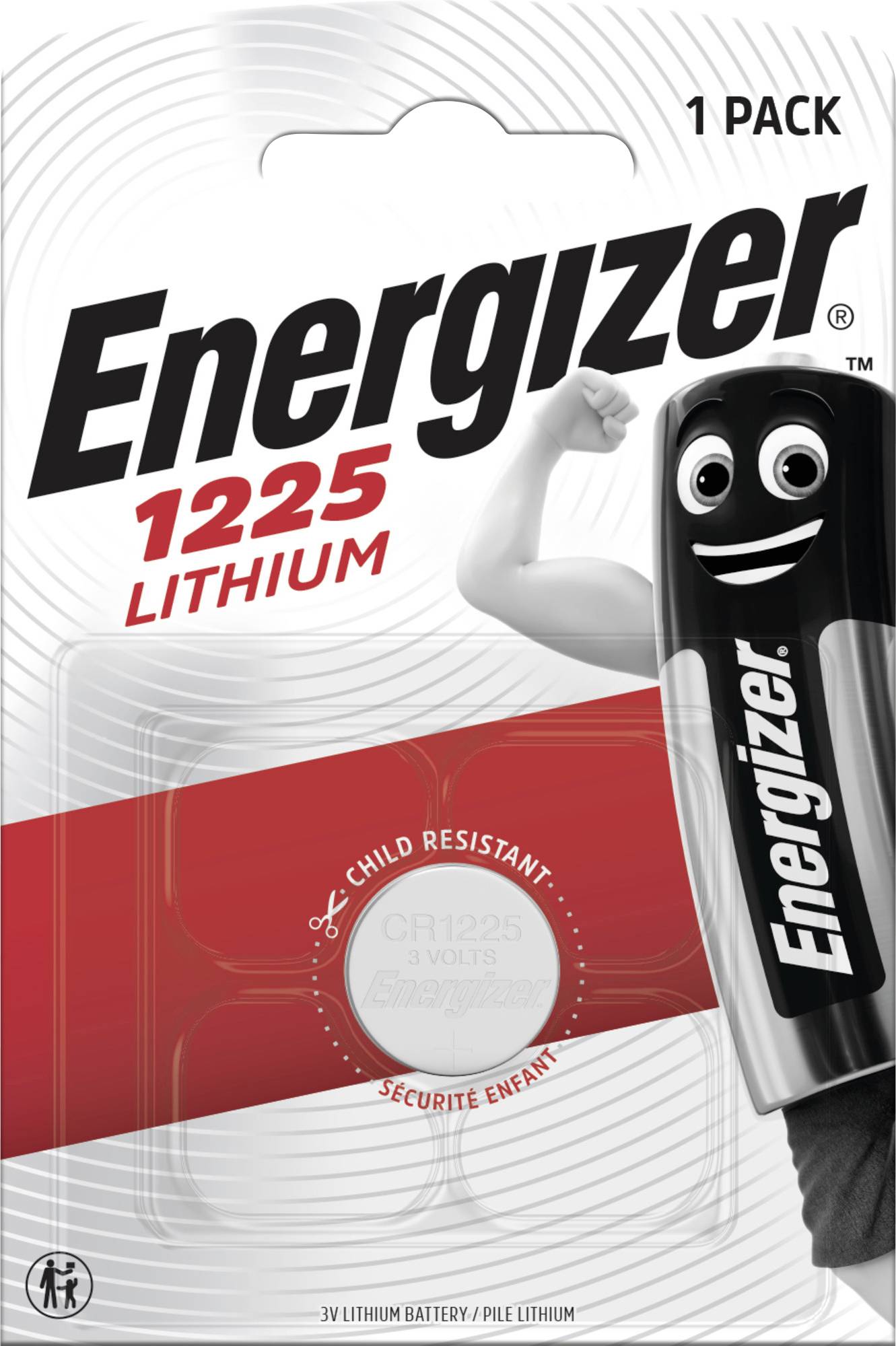 Balení s lithiovou baterií Energizer 1225, vhodné pro aplikace s dětskou pojistkou, na bílém pozadí.