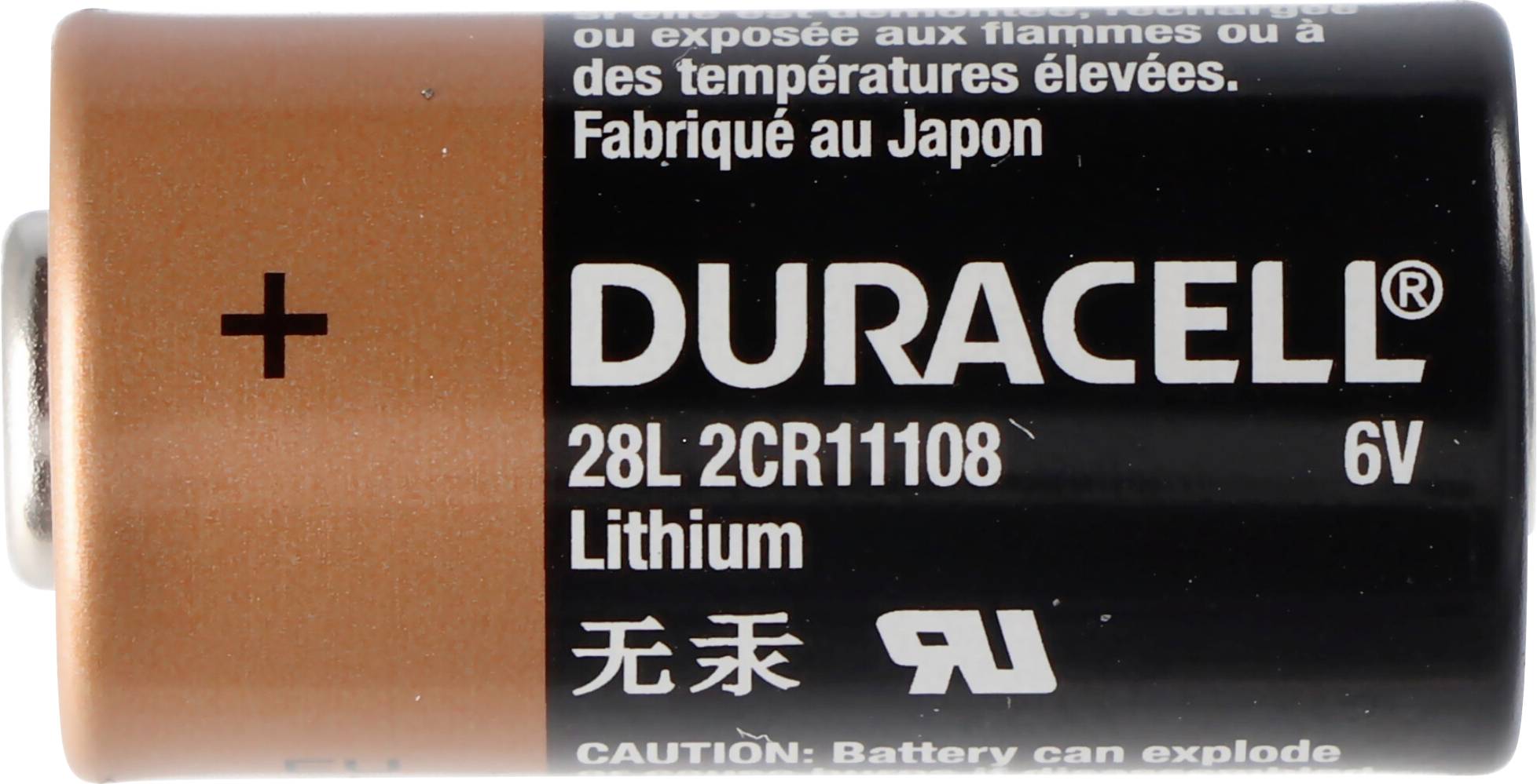Lithiová baterie Duracell, model 28L 2CR11108, 6V, s vyznačením kladného a záporného pólu, vyrobeno v Japonsku.