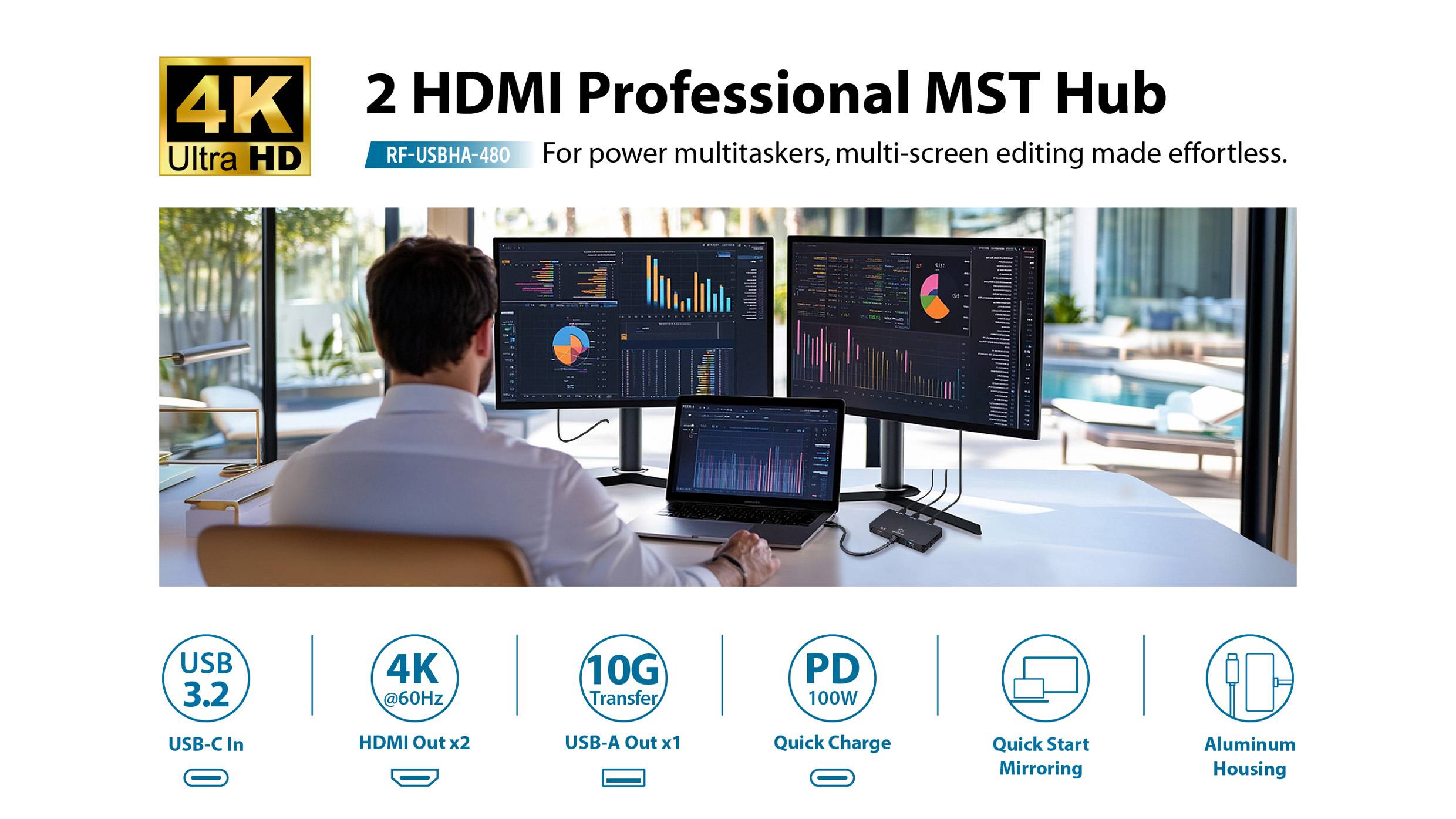 Nastavení 4K HDMI rozbočovače se třemi monitory zobrazujícími grafy. Funkce zahrnují USB 3.2, 4K výstup, nabíjení 100W a hliníkové šasi.
