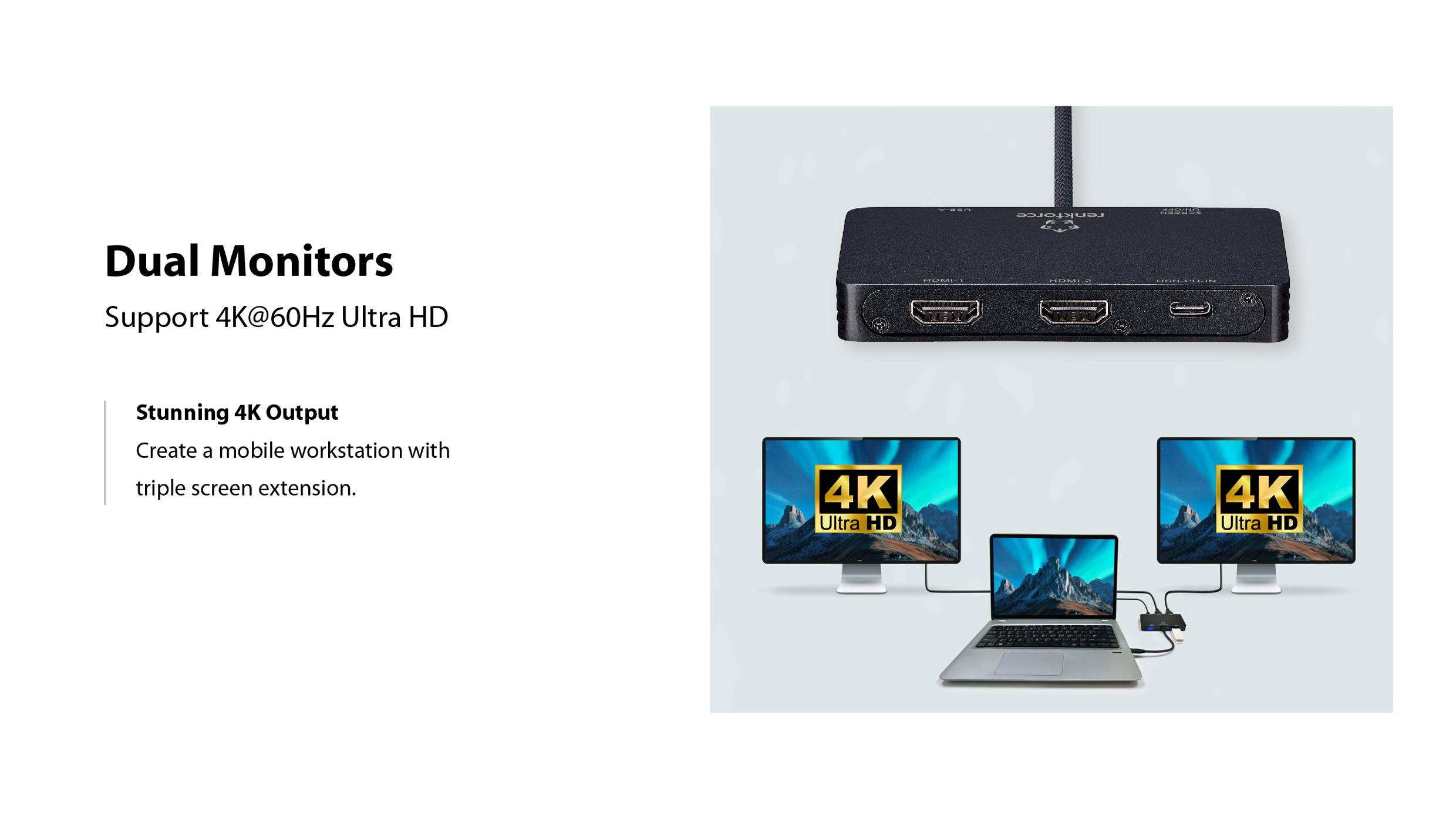 'Dva monitory: Podpora 4K@60Hz Ultra HD. Vytvořte mobilní pracoviště s trojitým rozšířením obrazovky pomocí HDMI rozbočovače a monitorů.'