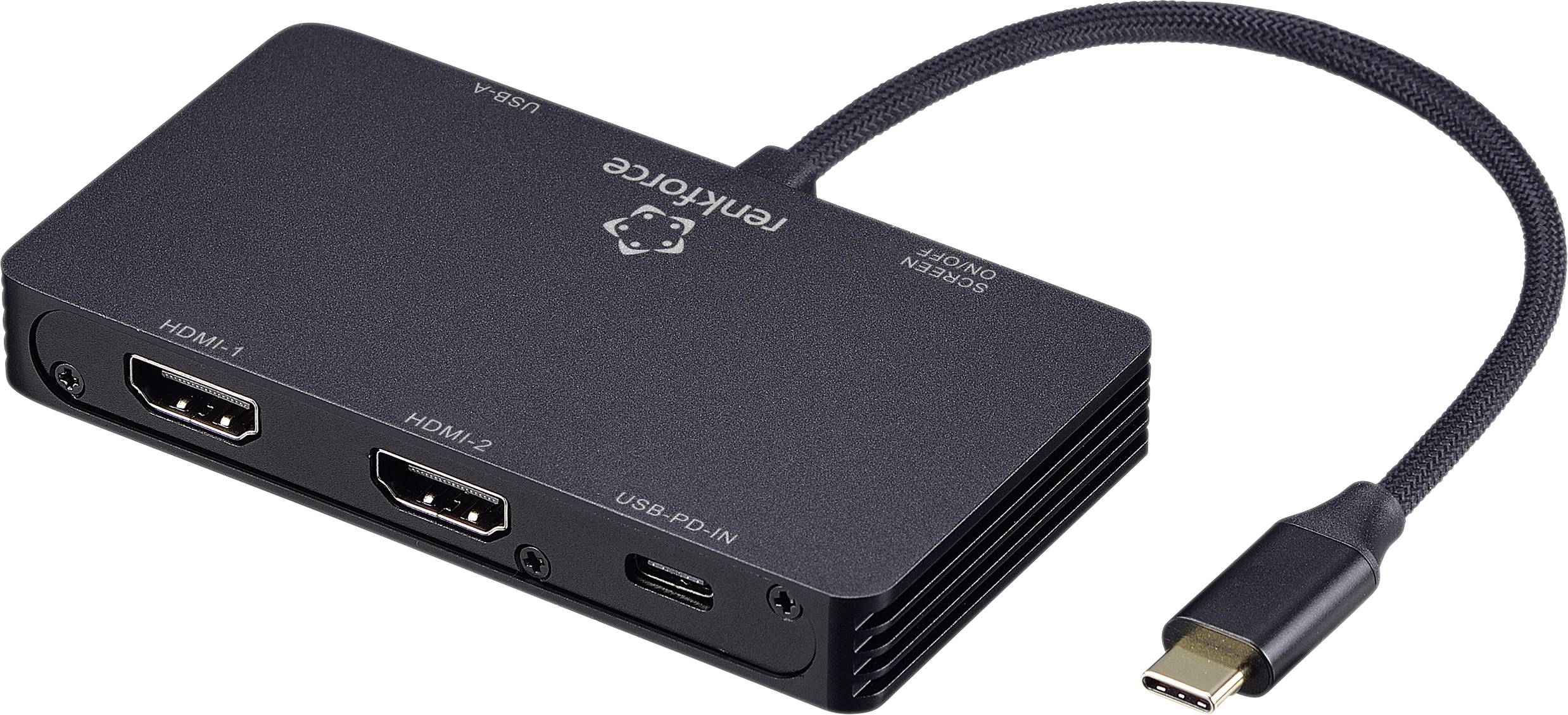 Rozbočovač USB-C se dvěma HDMI porty, jedním portem USB-C a krátkým připojeným kabelem. Název značky je viditelný na povrchu zařízení.