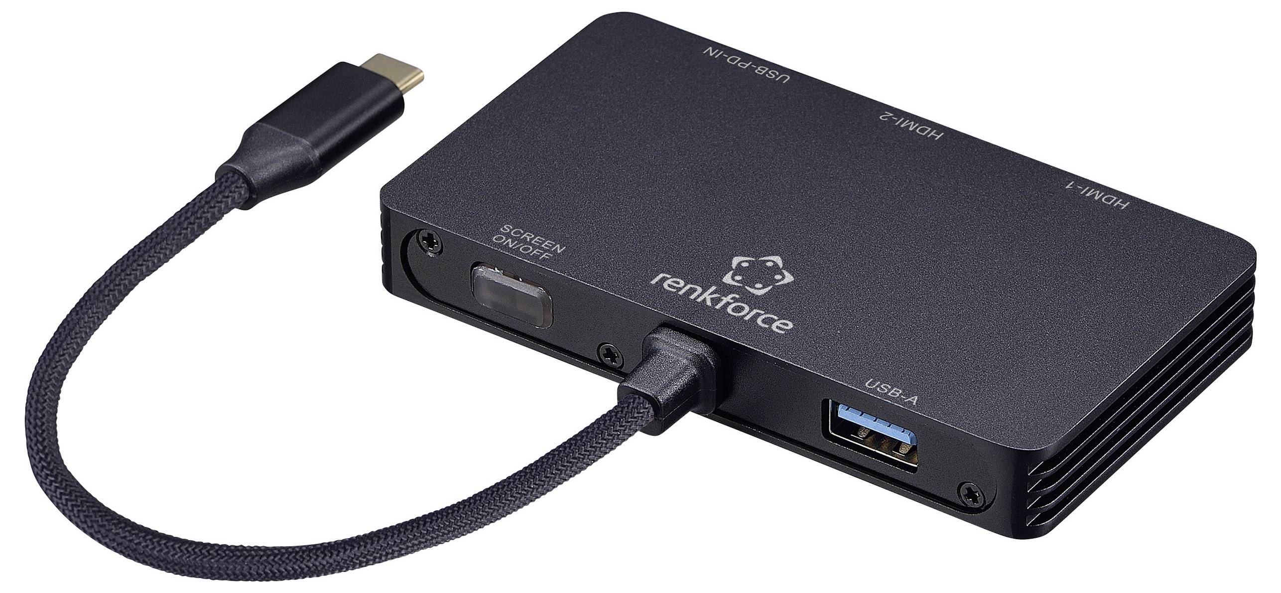 Rozbočovač USB-C s více porty včetně HDMI, USB-A a Ethernetového připojení, určený pro připojení různých zařízení k počítači.