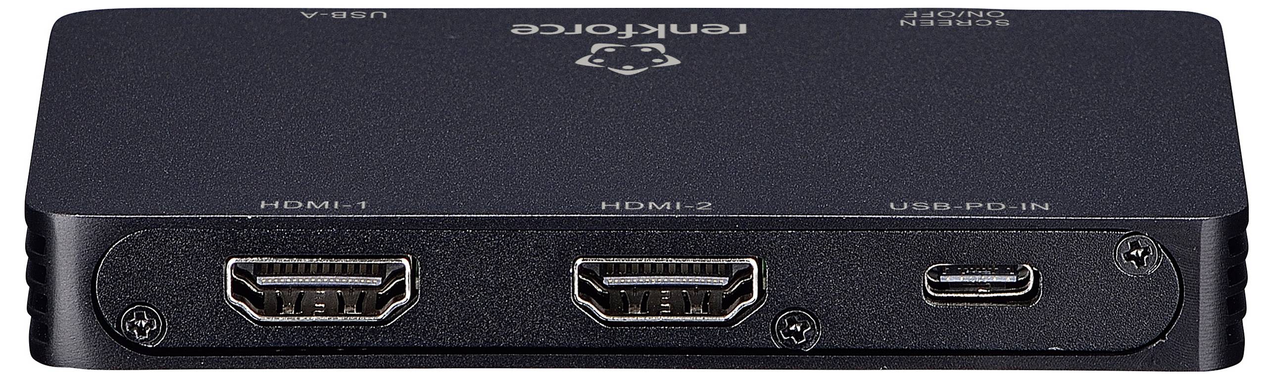 Černé zařízení se dvěma HDMI porty označenými HDMI-1 a HDMI-2 a portem USB-C označeným USB-PD IN na předním panelu.