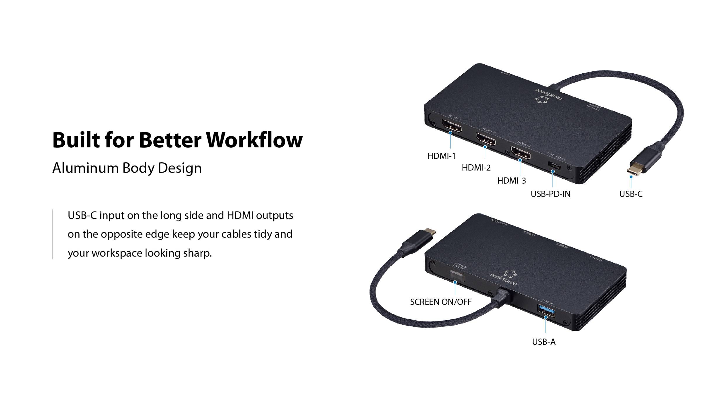 Multportový rozbočovač s hliníkovým designem těla, vybavený HDMI porty, USB-A, vstupem USB-C a tlačítkem 'Zapnout/Vypnout obrazovku'.