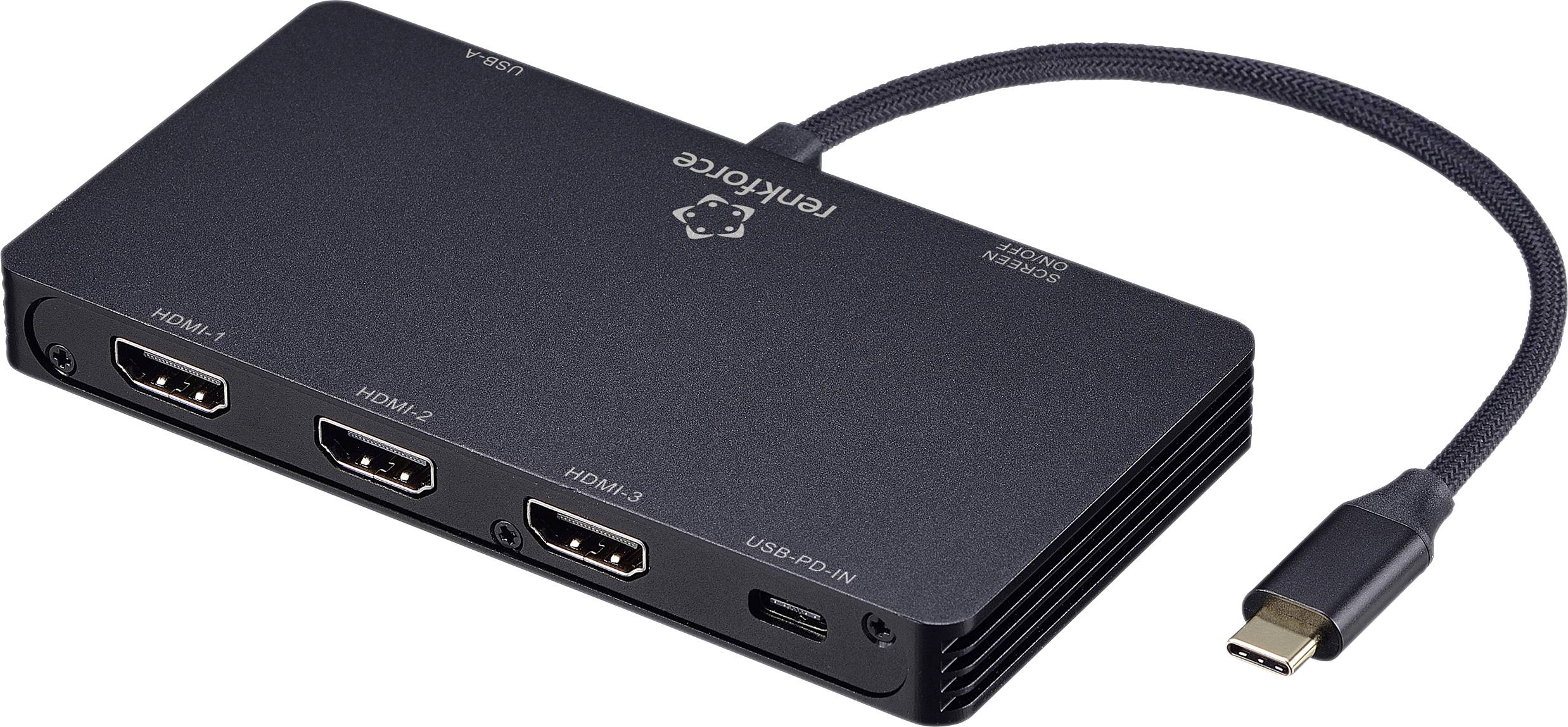 Černý rozbočovač s jedním portem USB-C, jedním portem USB-A a třemi porty HDMI. Název značky je viditelný na jeho povrchu.