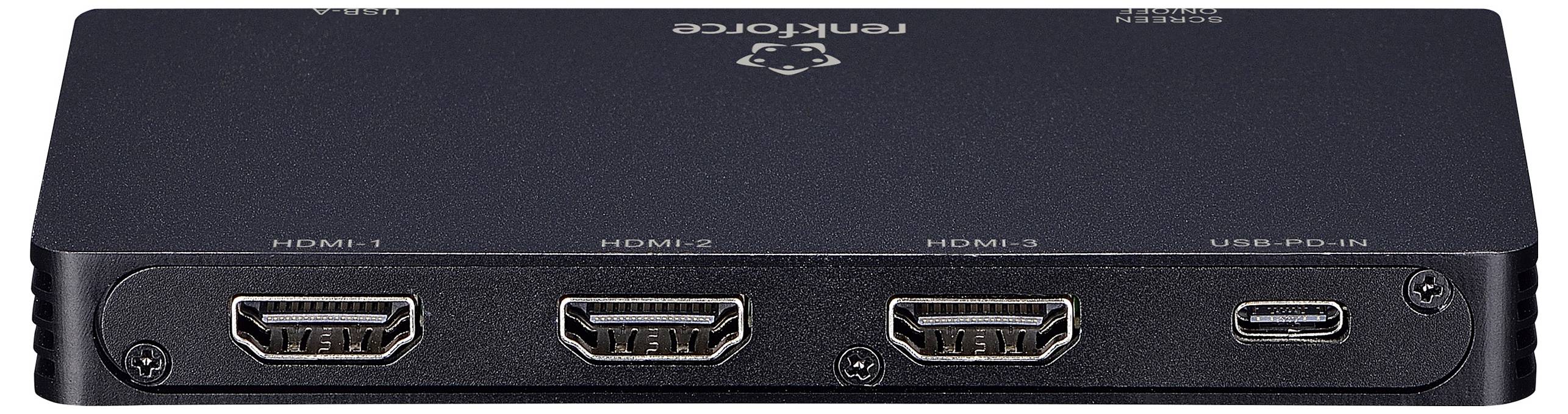 Černý HDMI rozbočovač se třemi HDMI porty označenými „HDMI-1", „HDMI-2", „HDMI-3" a jedním USB-PD portem, pohled zezadu.