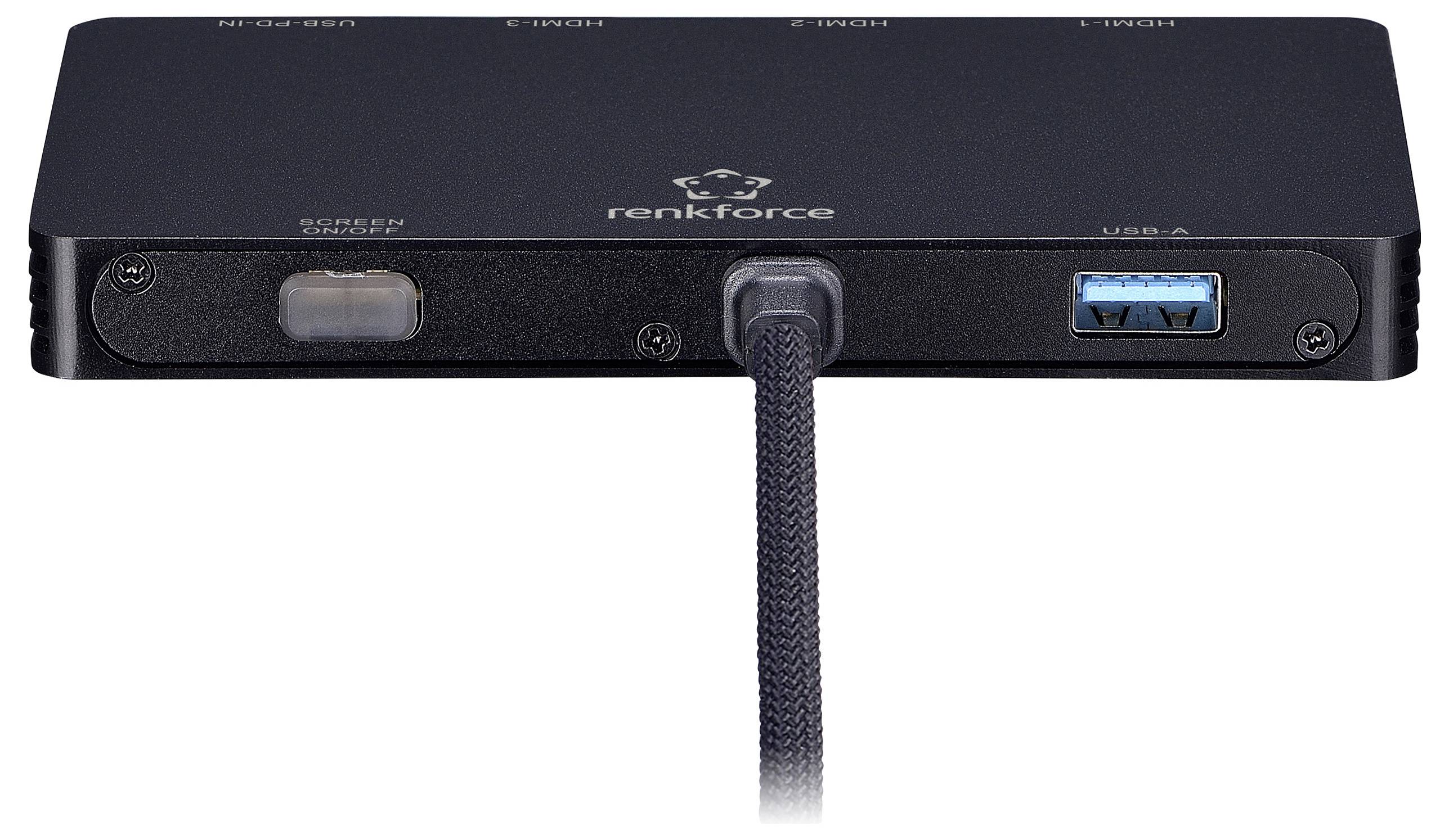 Tenký černý rozbočovač s portem USB-A a kabelem vyčnívajícím vpředu. Na horní straně je viditelné logo 'renkforce'.