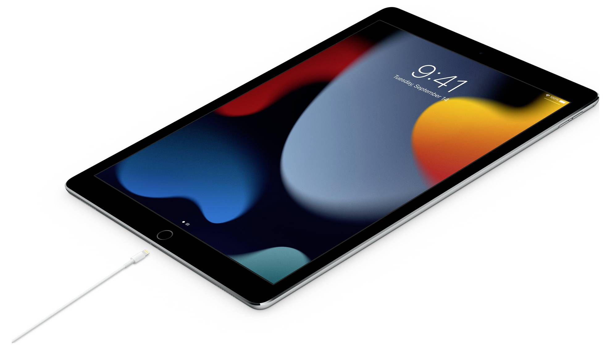 Tablet s barevným pozadím je připojeno k nabíječce. Na obrazovce je zobrazeno 9:41.