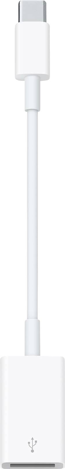 Bílý adaptér s USB-C konektorem na jedné straně a USB konektorem na straně druhé. Propojuje zařízení s rozdílnými typy konektorů.