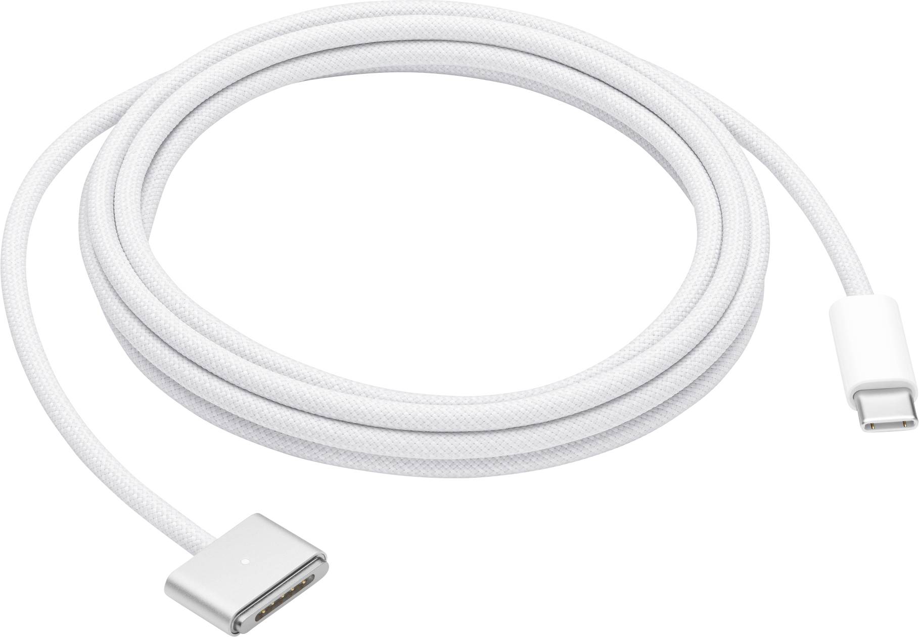 Bílý pletený USB-C nabíjecí kabel s odnímatelným magnetickým konektorem, vhodný pro elektronická zařízení.
