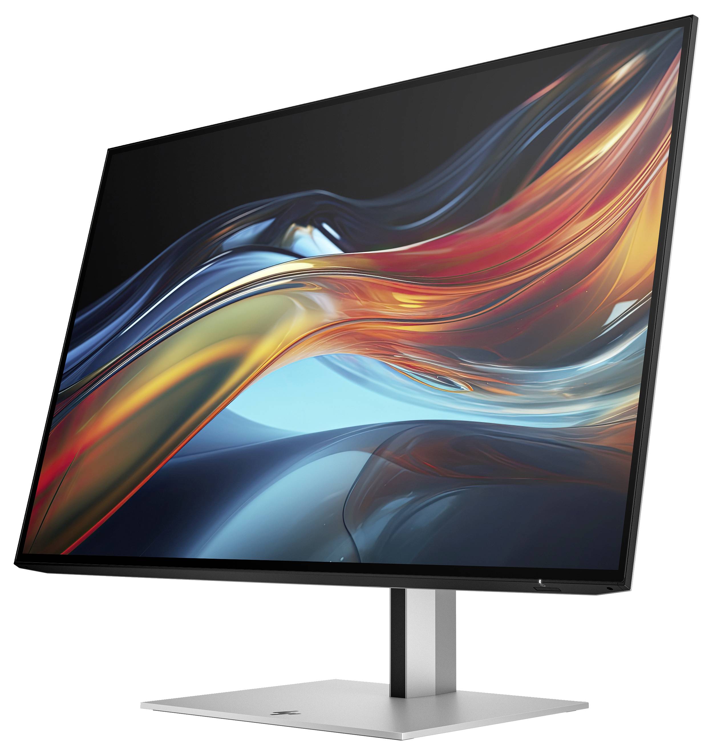 Moderní počítačový monitor s elegantním designem zobrazuje abstraktní, barevné umělecké dílo na obrazovce.