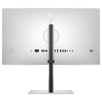 Zadní pohled na stříbrný počítačový monitor s různými konektory a centrální podstavou.