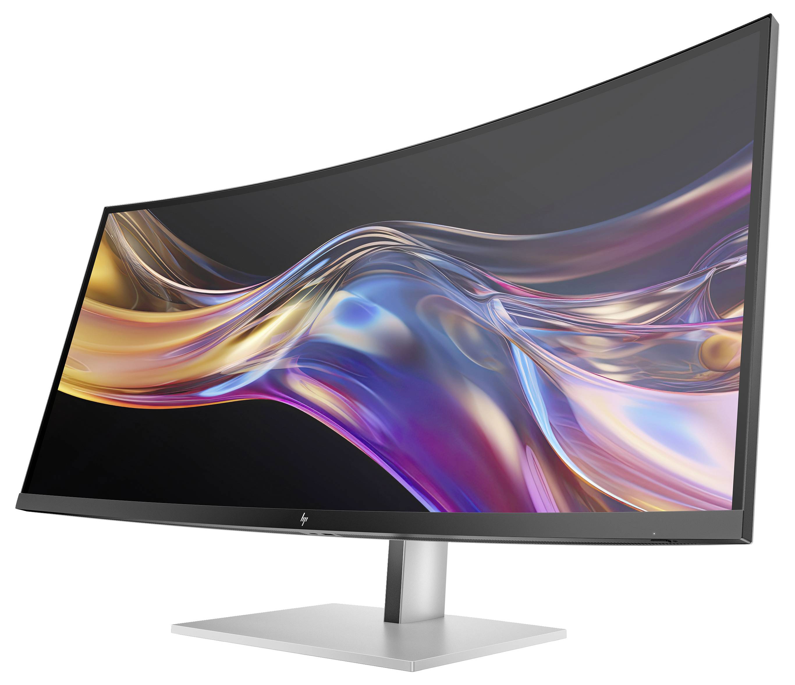 Zakřivený wide-screen monitor s lesklou, barevnou grafikou na obrazovce. Vhodný pro produktivní a ponořené pracovní prostředí.