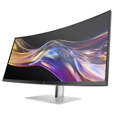 Zakřivený wide-screen monitor s lesklou, barevnou grafikou na obrazovce. Vhodný pro produktivní a ponořené pracovní prostředí.
