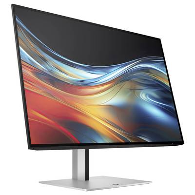 Moderní, tenký monitor s jasným, abstraktním pozadím umístěný na štíhlém stříbrném stojanu.