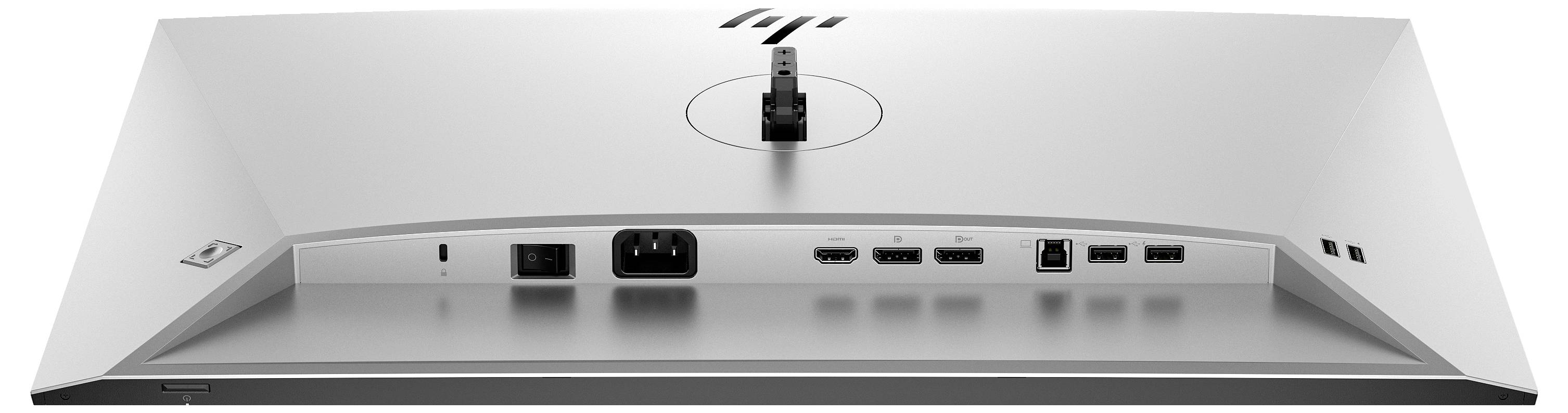 Zadní strana monitoru s různými porty: HDMI, DisplayPort, USB a napájecí konektor. Možnost upevnění nahoře.