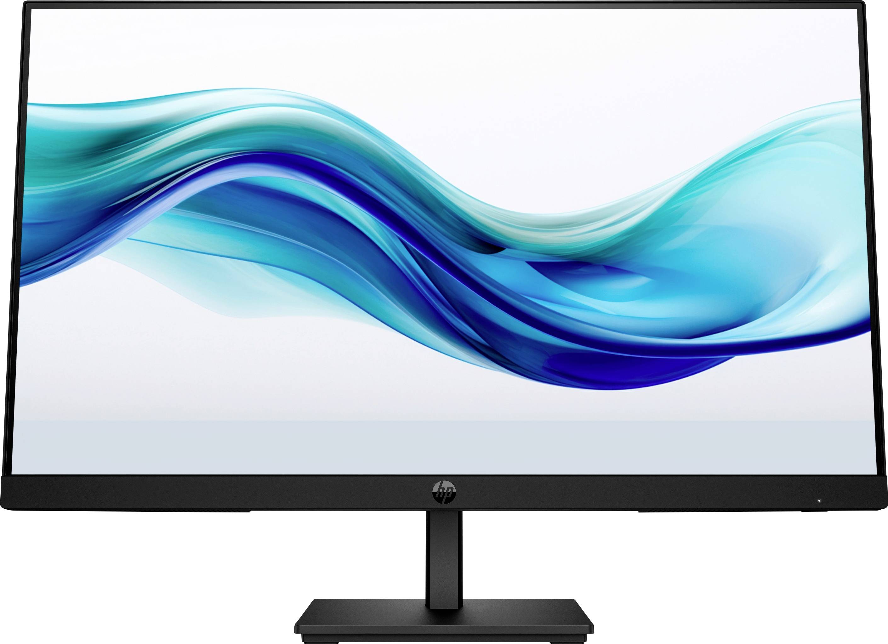 Moderní počítačový monitor s elegantním designem zobrazuje abstraktní modrou vlnovitou strukturu na bílém pozadí.