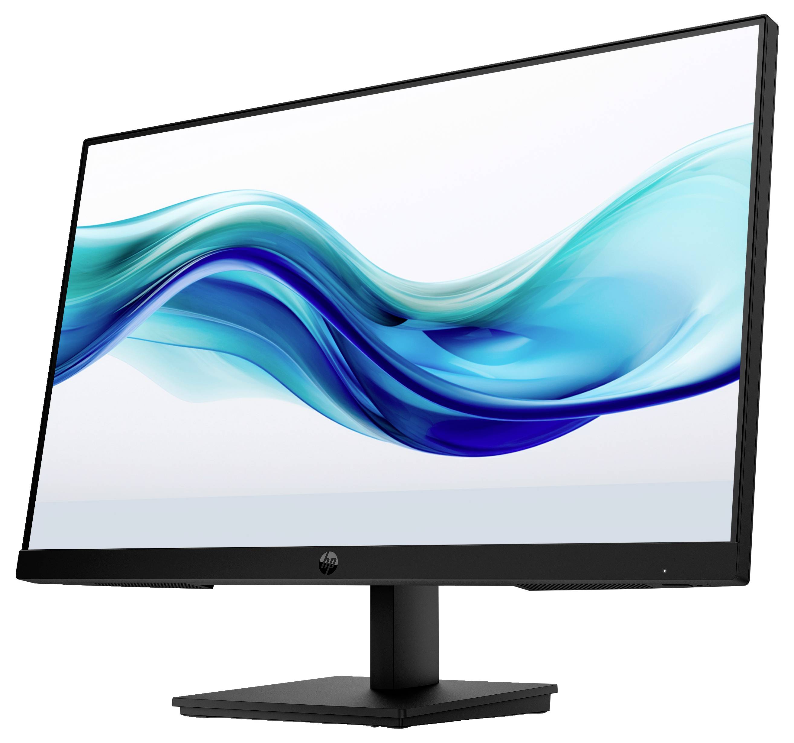 Moderní počítačový monitor s designem modrých a bílých vln na displeji. Monitor má tenký černý rámeček.