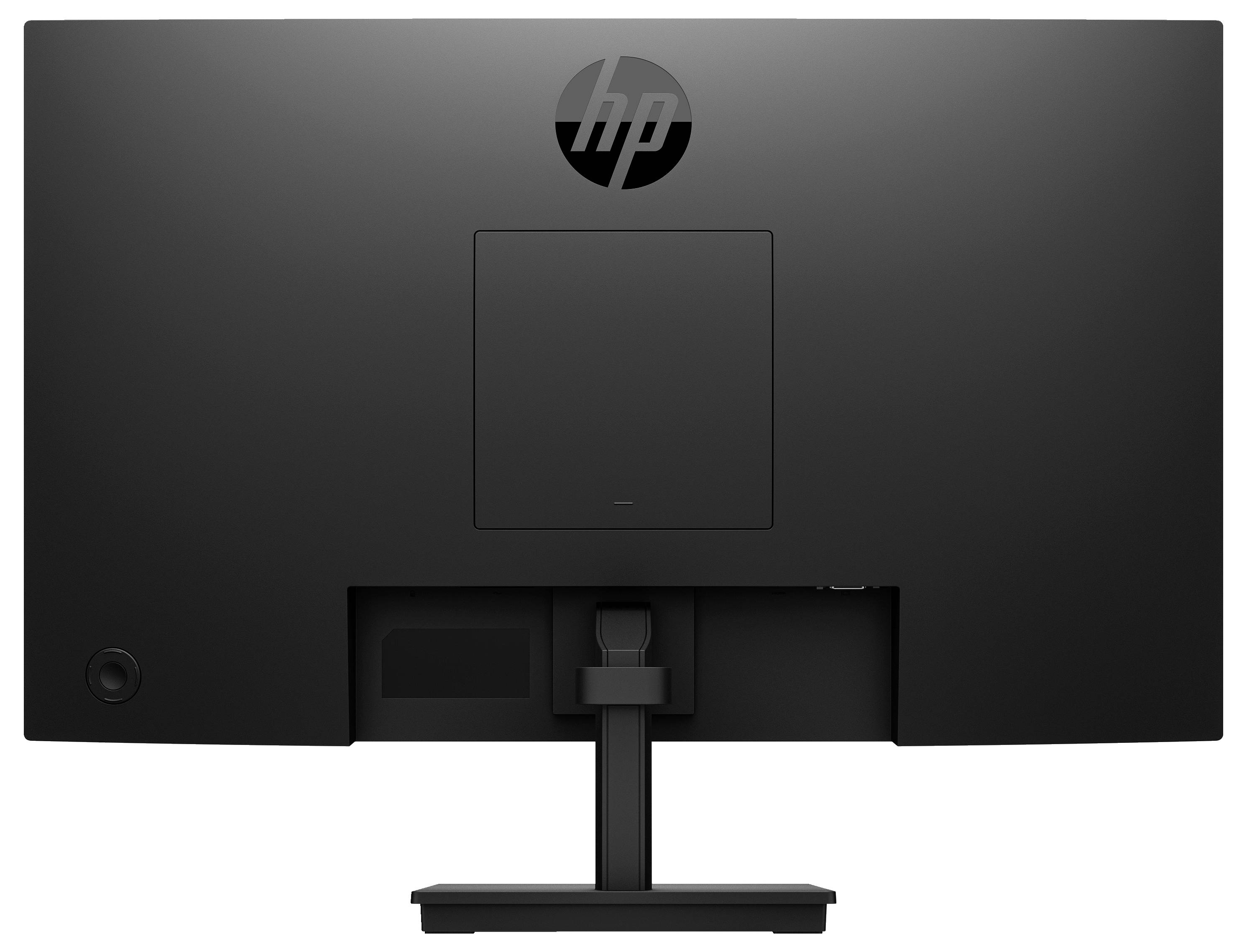 Černý monitor HP pohledem zezadu, zobrazující stojan a přípojné porty.