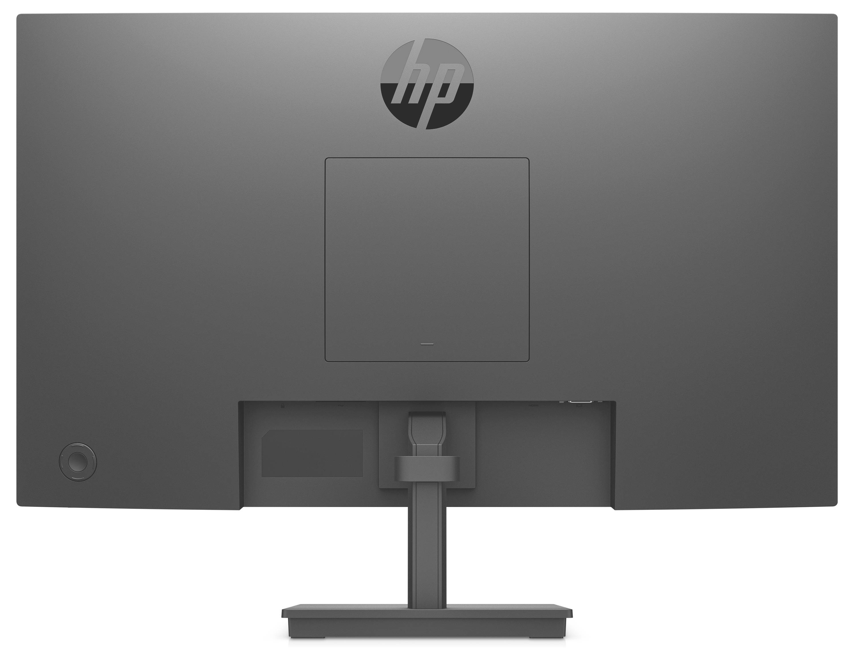 Šedý počítačový monitor zezadu, s logem HP nahoře a montážní konzolí dole.