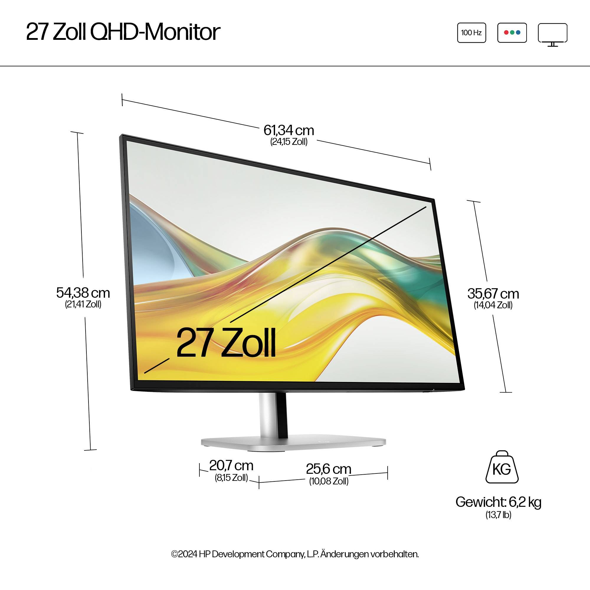 27palcový QHD monitor s rozměry 54,38 cm x 35,67 cm a hmotností 6,2 kg.