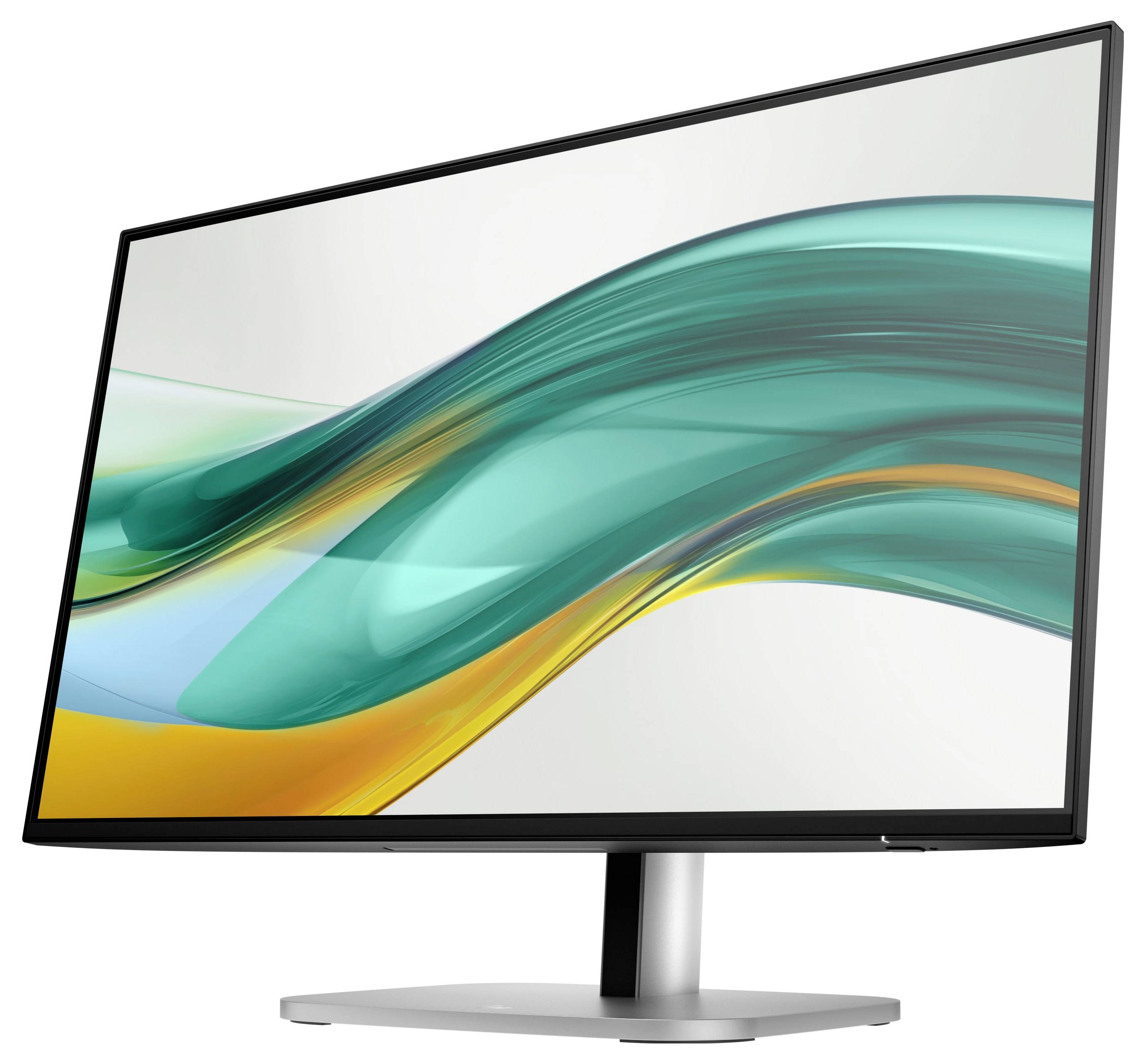 Počítačový monitor s moderním, štíhlým designem zobrazuje abstraktní obraz se zelenými a žlutými vlnami na bílém pozadí.